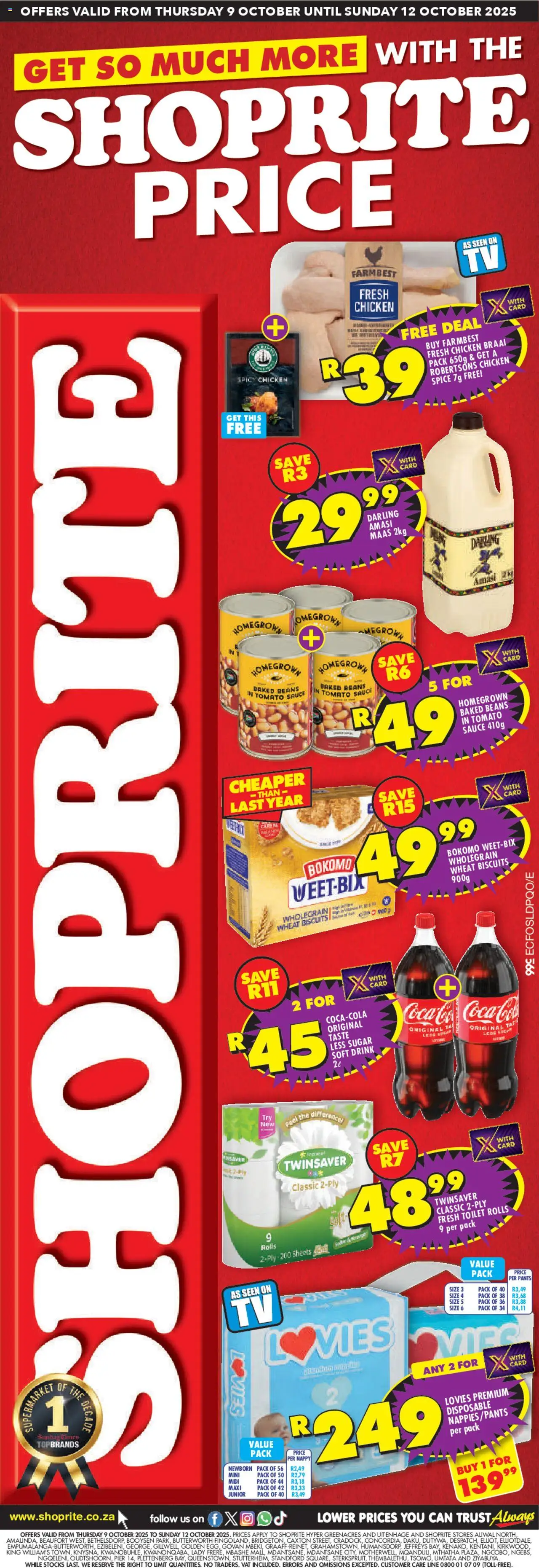 New Shoprite catalogue – valid from 09.10.2025 | Page: 1 | Products: Baked beans, Toilet, Biscuits, Tomato sauce
