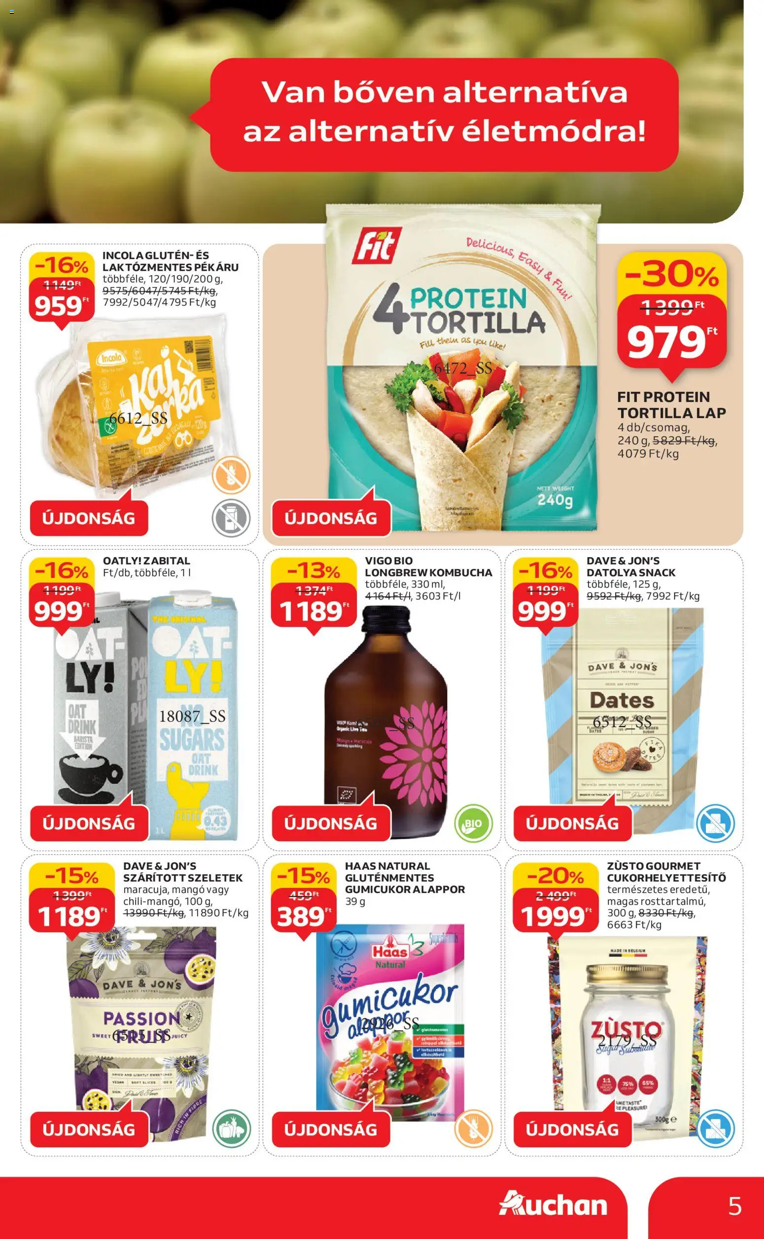 Auchan akciós ujság - amely érvényes a következő dátumtól: 15.01.2026 | Oldal: 5 | Termékek: Protein, Tortilla lap, Gluténmentes, Mangó