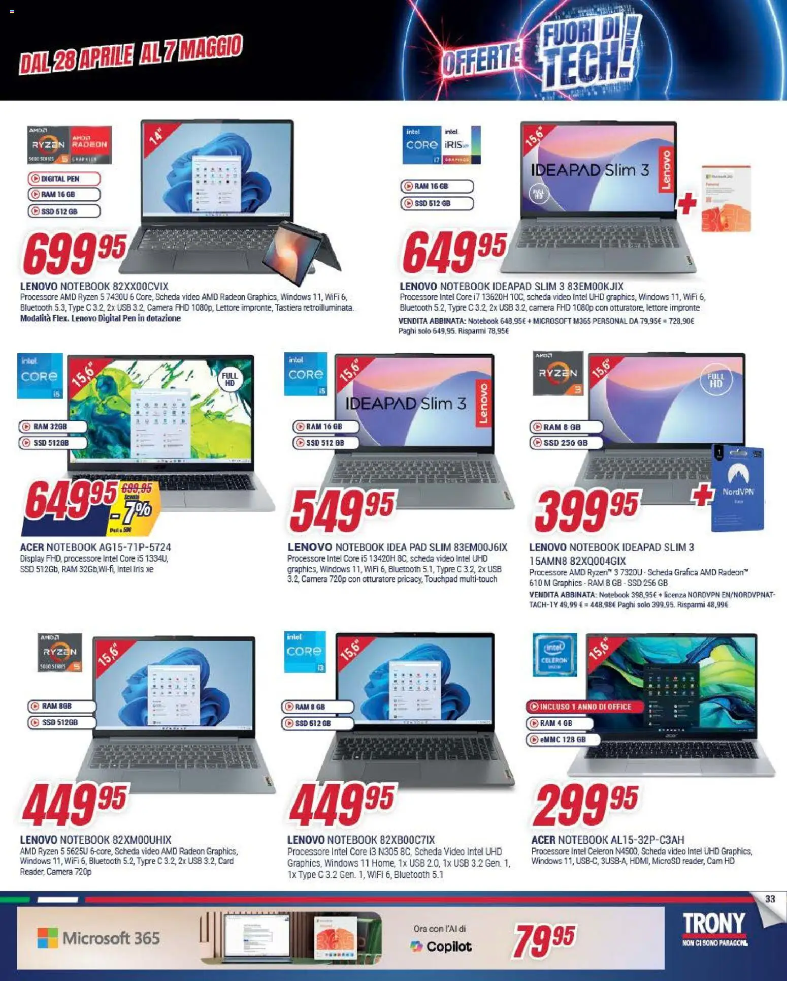 Volantino Trony del 28.04.2026 | Pagina: 33 | Prodotti: Notebook, Tastiera, Video, USB