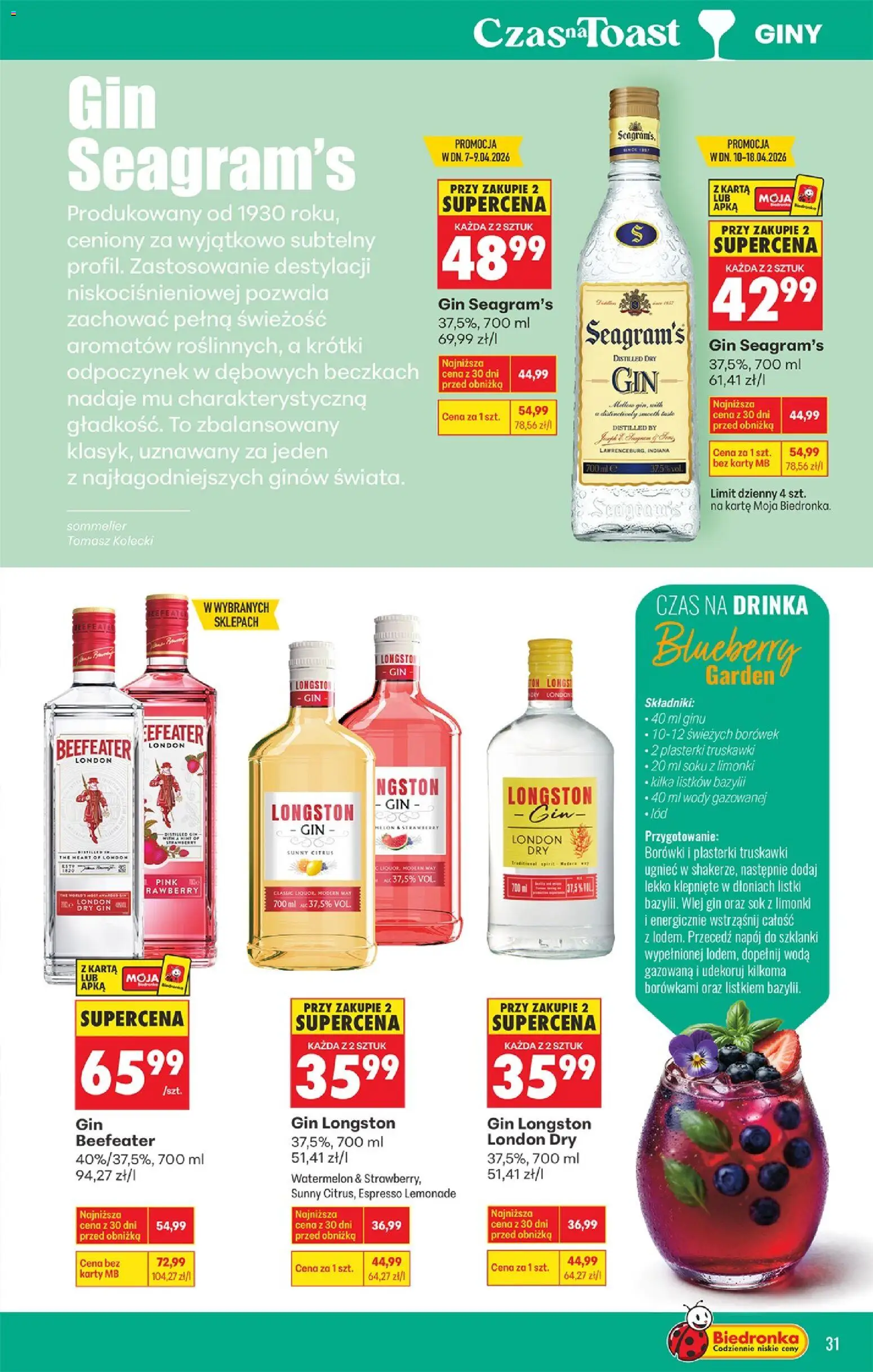 Biedronka gazetka - Czas na toast od 07.04.2026 | Strona: 31 | Produkty: Karta, Beefeater, Gin, Szklanki