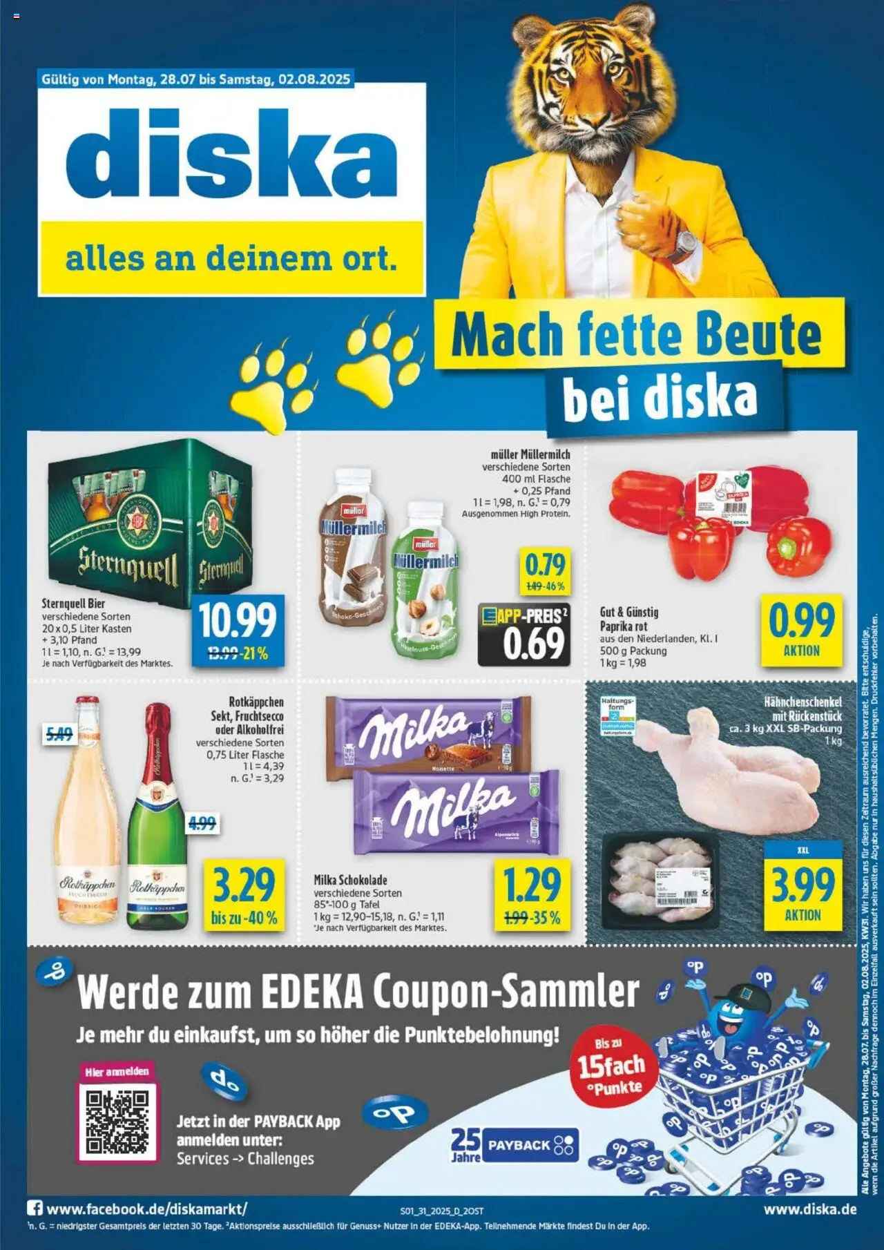 Diska Prospekt 	 - gültig ab dem 28.07.2025 | Seite: 1 | Produkte: Bier, Paprika rot, Milka, Fruchtsecco