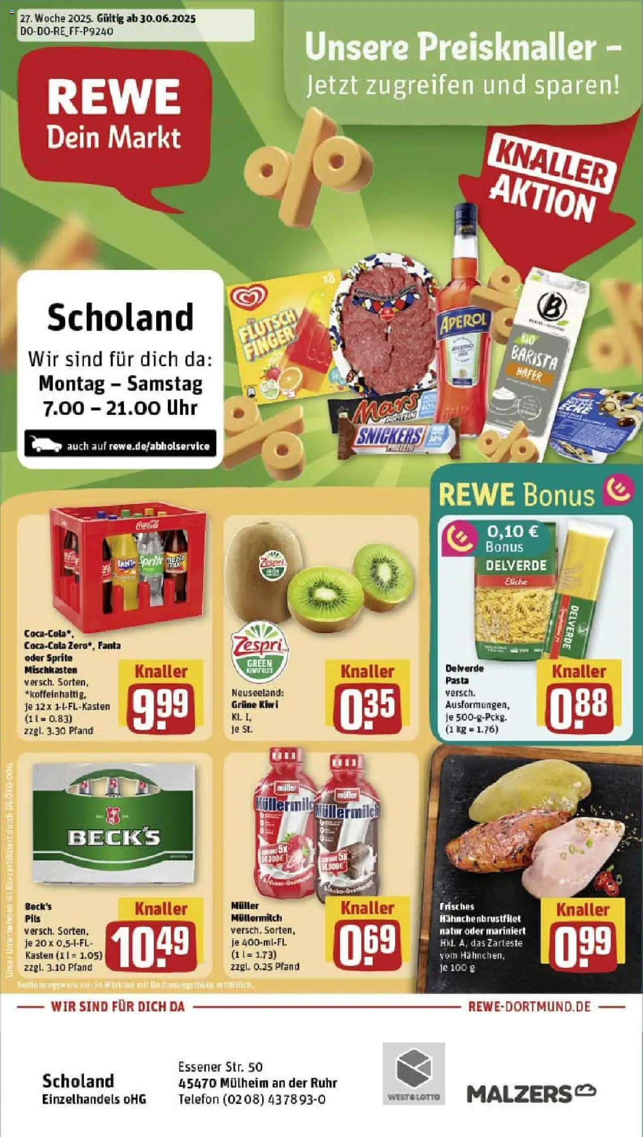 Rewe prospekt Mülheim An Der Ruhr	 - gültig ab dem 29.06.2025 | Seite: 1 | Produkte: Pils, Snickers, Muller mullermilch, Telefon