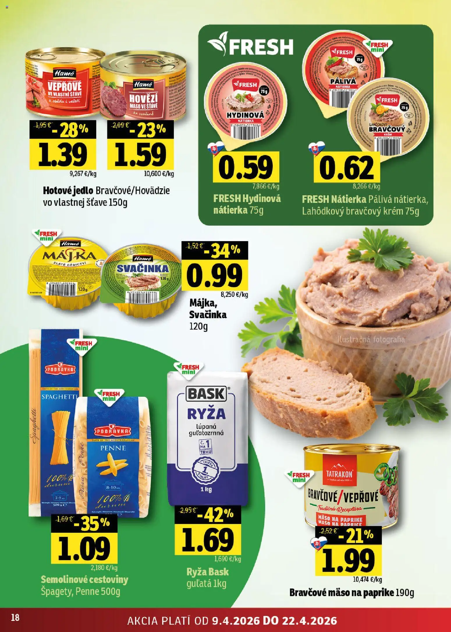 Nové Fresh akcie – leták je platný od 09.04.2026 | Strana: 18 | Produkty: Ryža, Cestoviny, Bravčové mäso, Krém