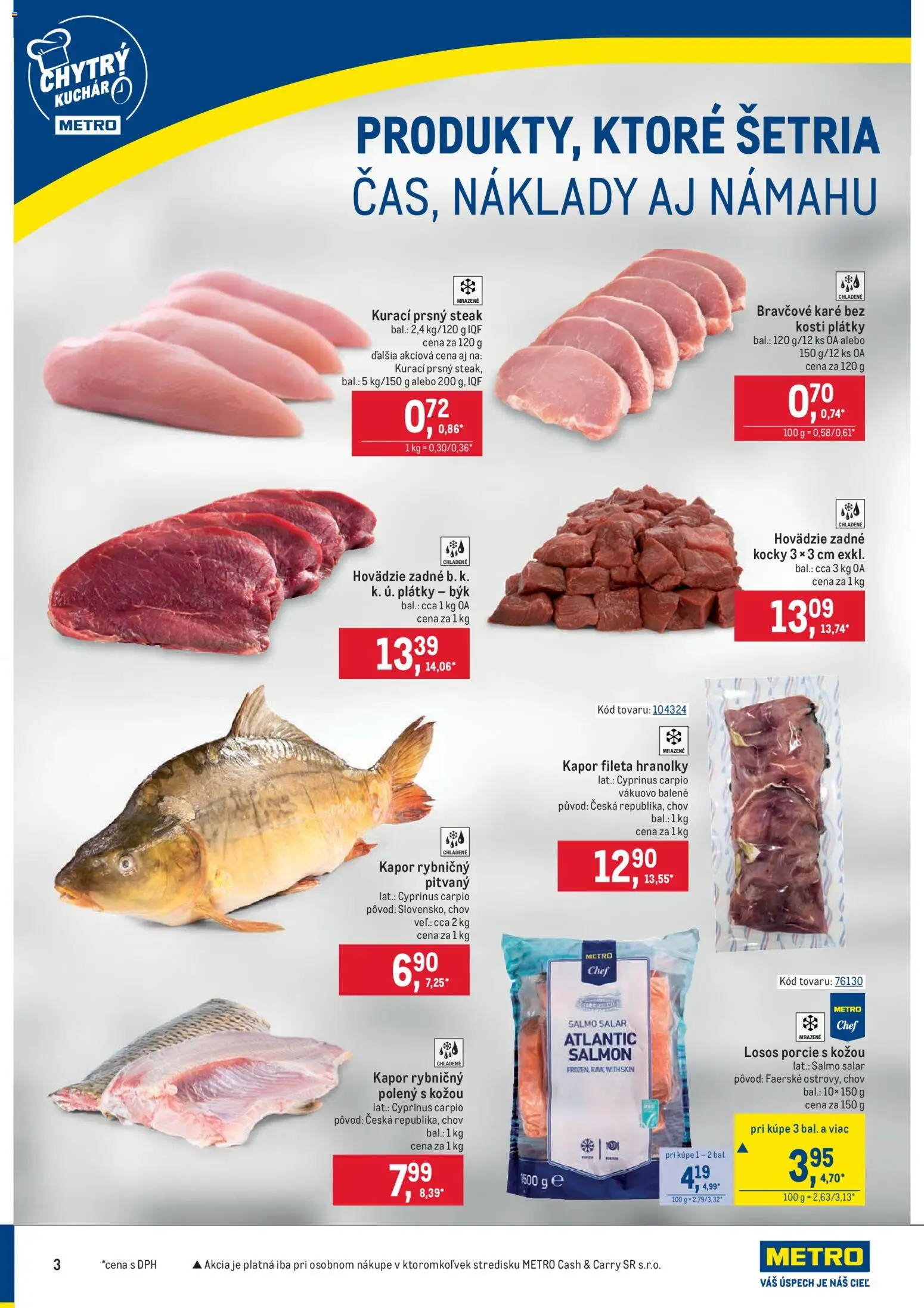 Nové Metro akcie – leták je platný od 10.12.2025 | Strana: 3 | Produkty: Losos, Steak, Bravčové karé