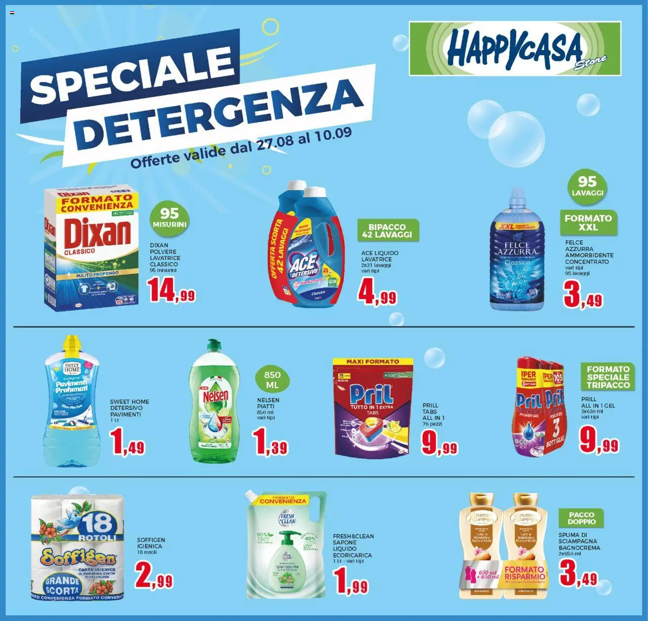 Volantino Happy Casa del 27.08.2025 | Pagina: 21 | Prodotti: Carta igienica, Ammorbidente, Detergente, Lavatrice