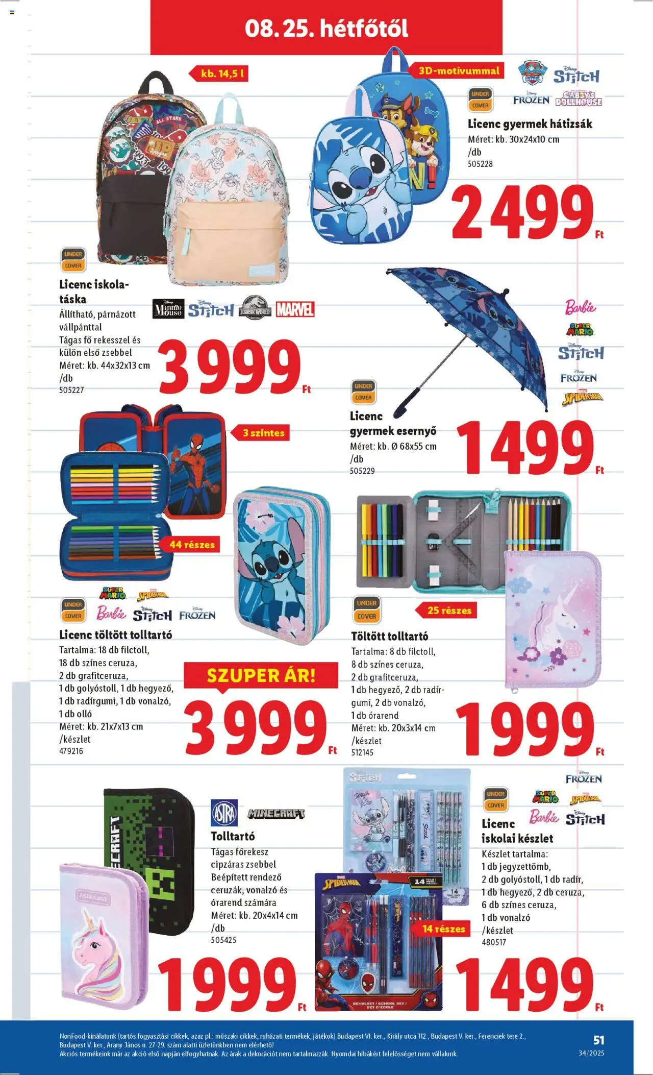 Lidl akciós ujság - amely érvényes a következő dátumtól: 21.08.2025 | Oldal: 51 | Termékek: Hátizsák, Esernyő, Táska, Tolltartó