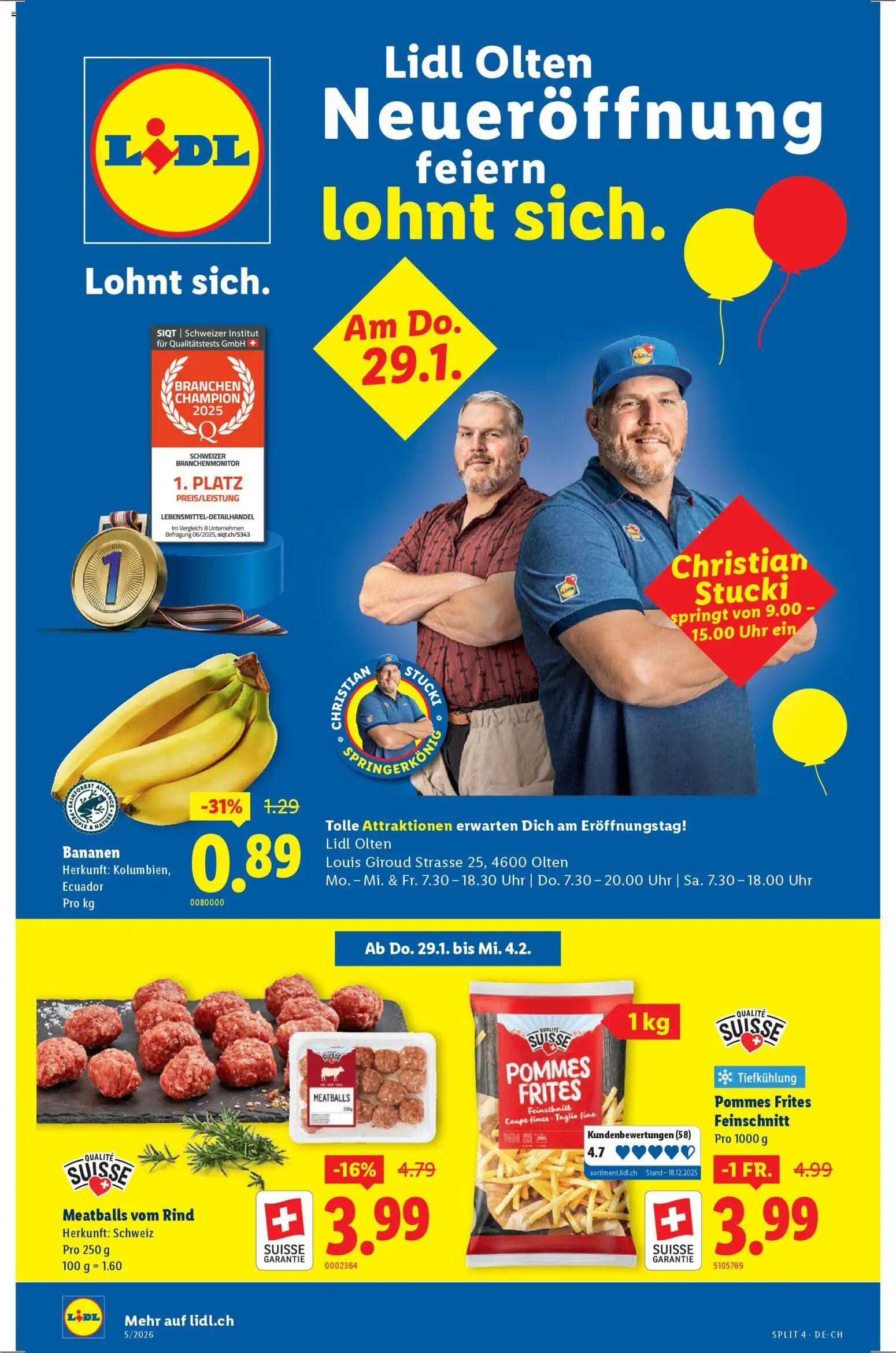 Lidl Aktionen Neueröffnung Olten – gültig ab 29.01.2026 | Seite: 1 | Produkte: Pommes Frites, Bananen, Uhr