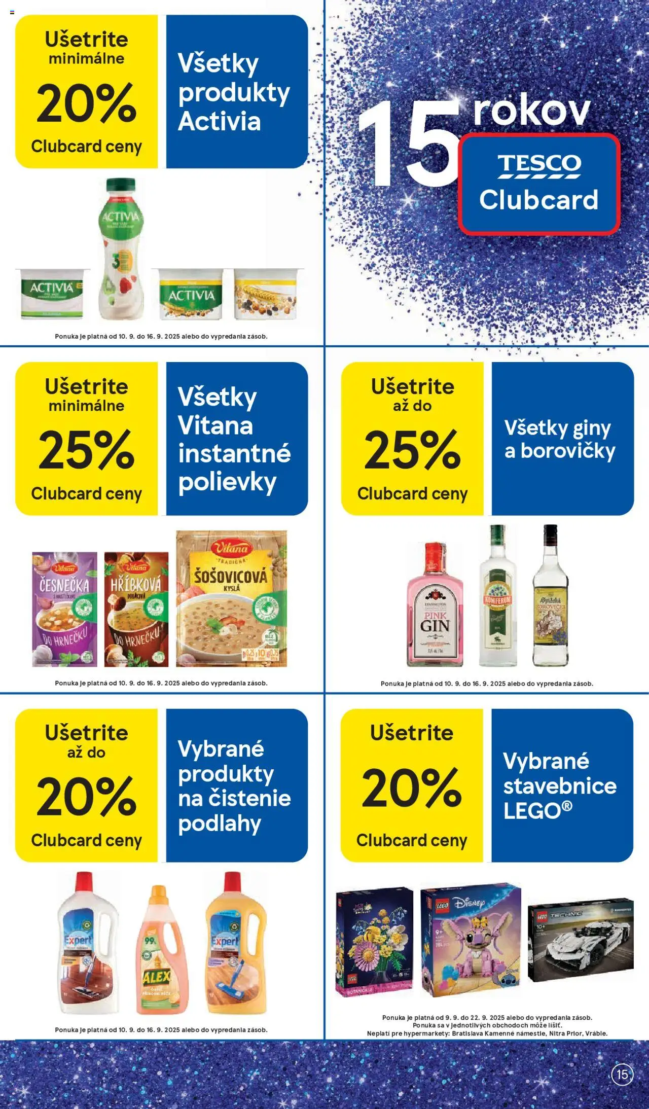 Nové Tesco akcie – leták je platný od 10.09.2025 | Strana: 15 | Produkty: Borovička, LEGO, Koniferum, Gin