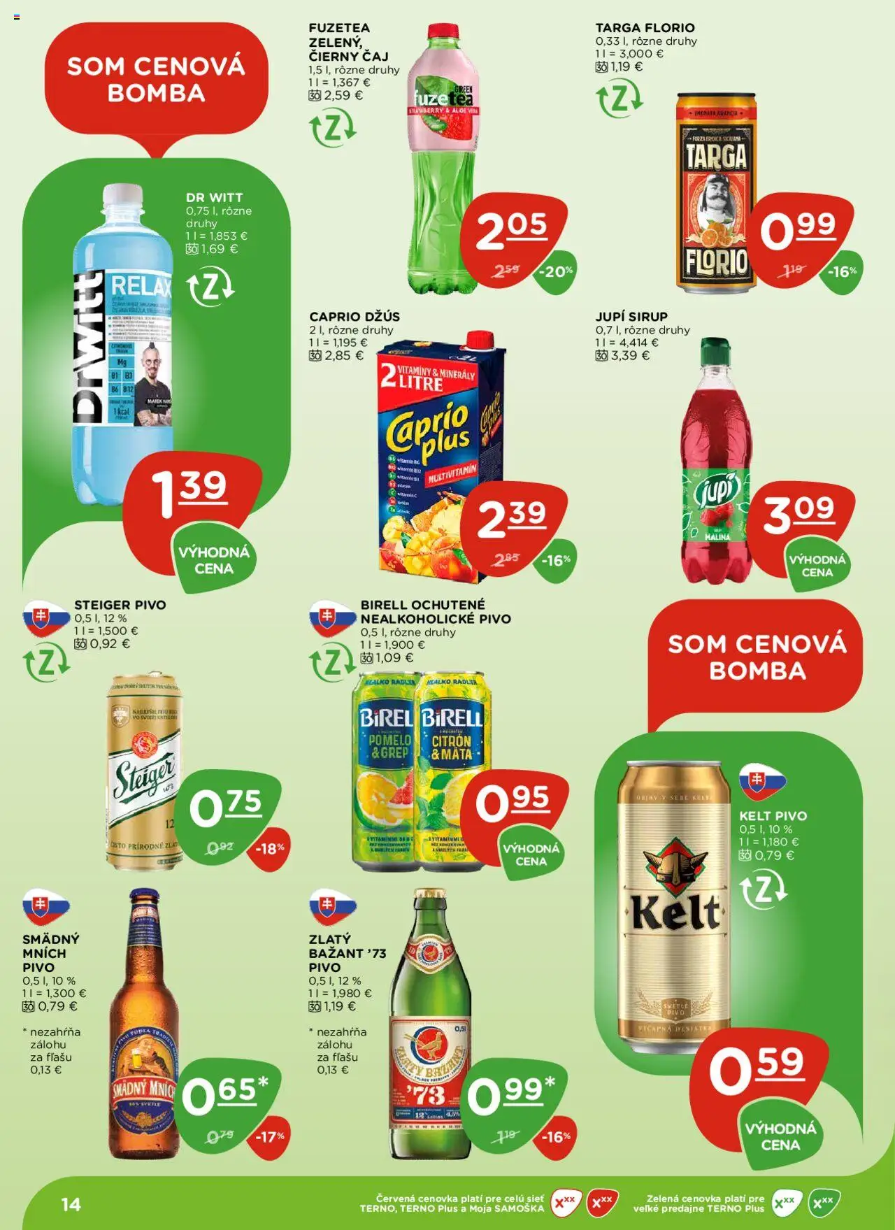 Nové Terno akcie – leták je platný od 16.10.2025 | Strana: 14 | Produkty: Džús, Birell, Steiger, Nealkoholické pivo