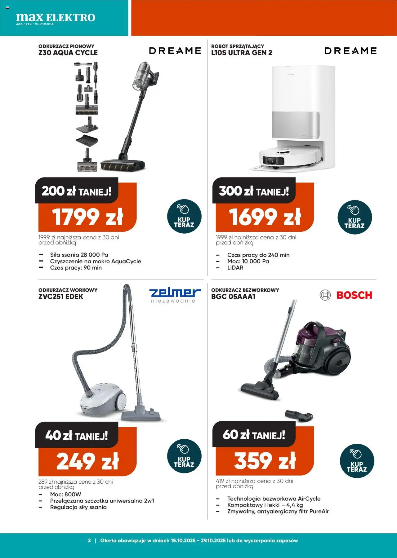 Max elektro Gazetka od 15.10.2025 | Strona: 2 | Produkty: Odkurzacz, Robot, Szczotka, Robot sprzątający