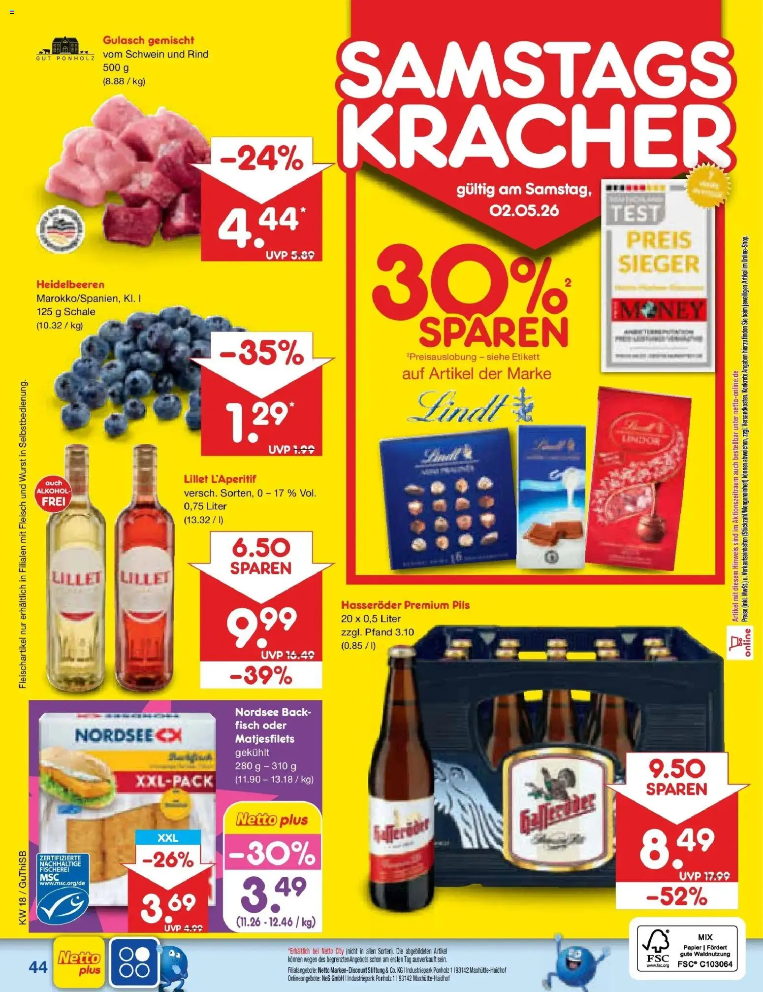 Netto Marken-Discount Prospekt Machern	 – gültig ab 27.04.2026 | Seite: 62 | Produkte: Lillet, Gulasch, Lindt, Hasseröder