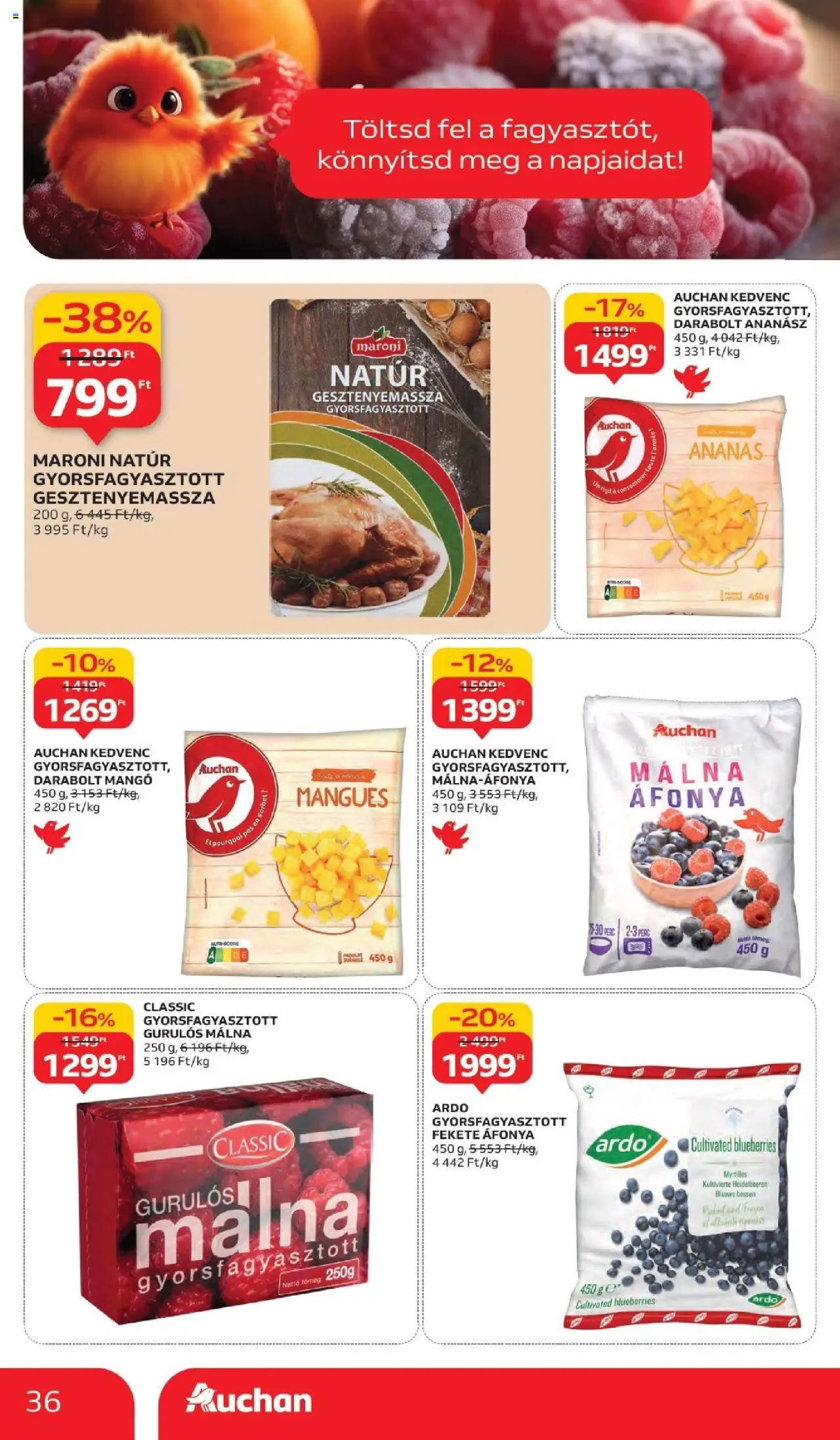 Auchan akciós ujság - amely érvényes a következő dátumtól: 02.10.2025 | Oldal: 36 | Termékek: Málna, Gesztenyemassza, Ananász, Mangó
