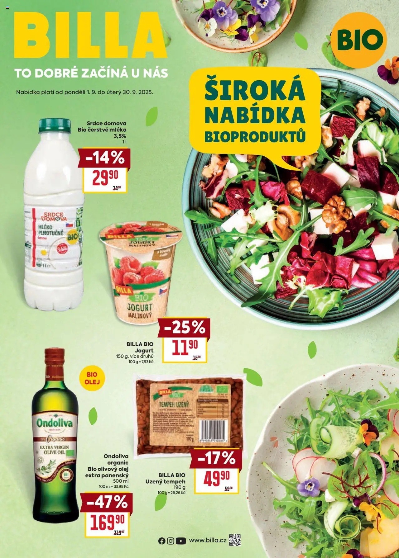 Billa leták - Bio od 01.09.2025 | Strana: 1 | Produkty: Tempeh, Olivový olej, Mléko, Olej