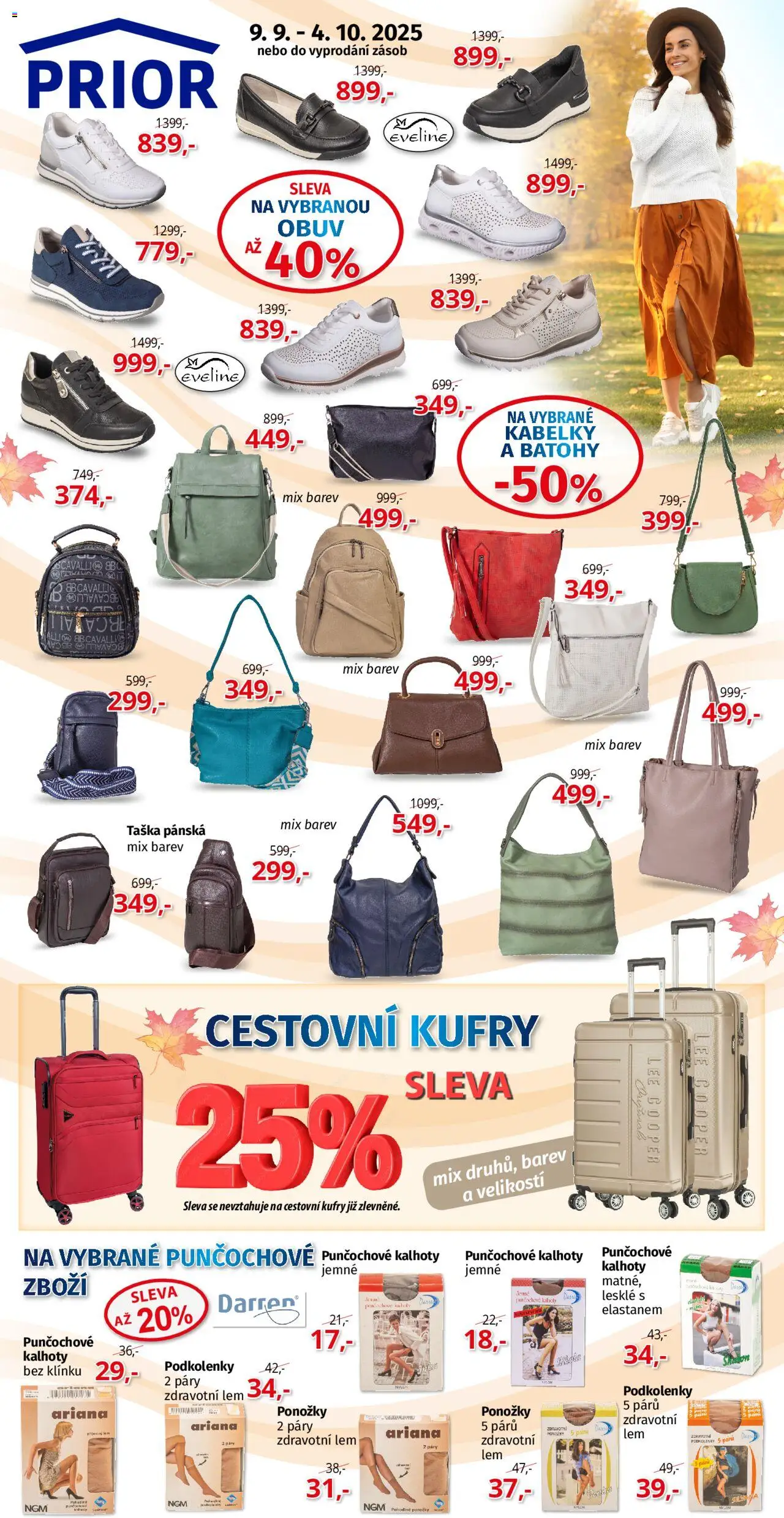 Prior - Akční Nabídka Obuvi  od 09.09.2025 | Strana: 1 | Produkty: Kalhoty, Obuv, Taška, Kufry
