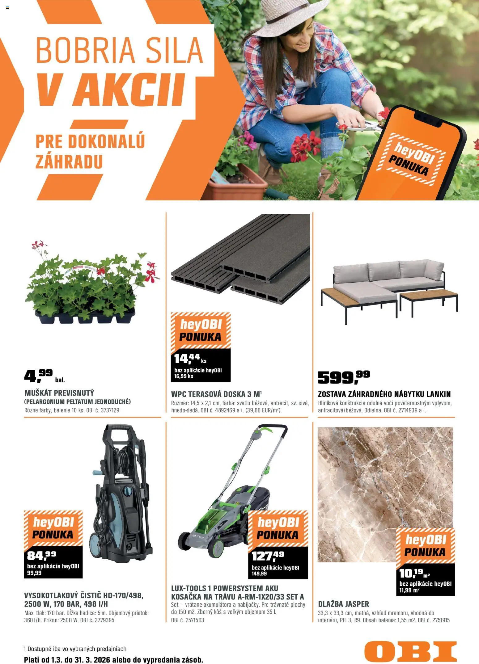 Nové OBI akcie – leták je platný od 28.02.2026 | Strana: 1 | Produkty: Kosačka, Svetlo, Dlažba, Aku