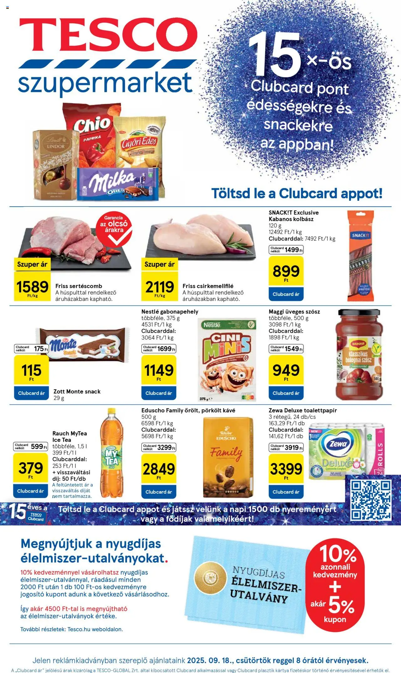 Tesco akciós ujság - amely érvényes a következő dátumtól: 18.09.2025 | Oldal: 1 | Termékek: Kolbász, Ice tea, Protein, Kávé