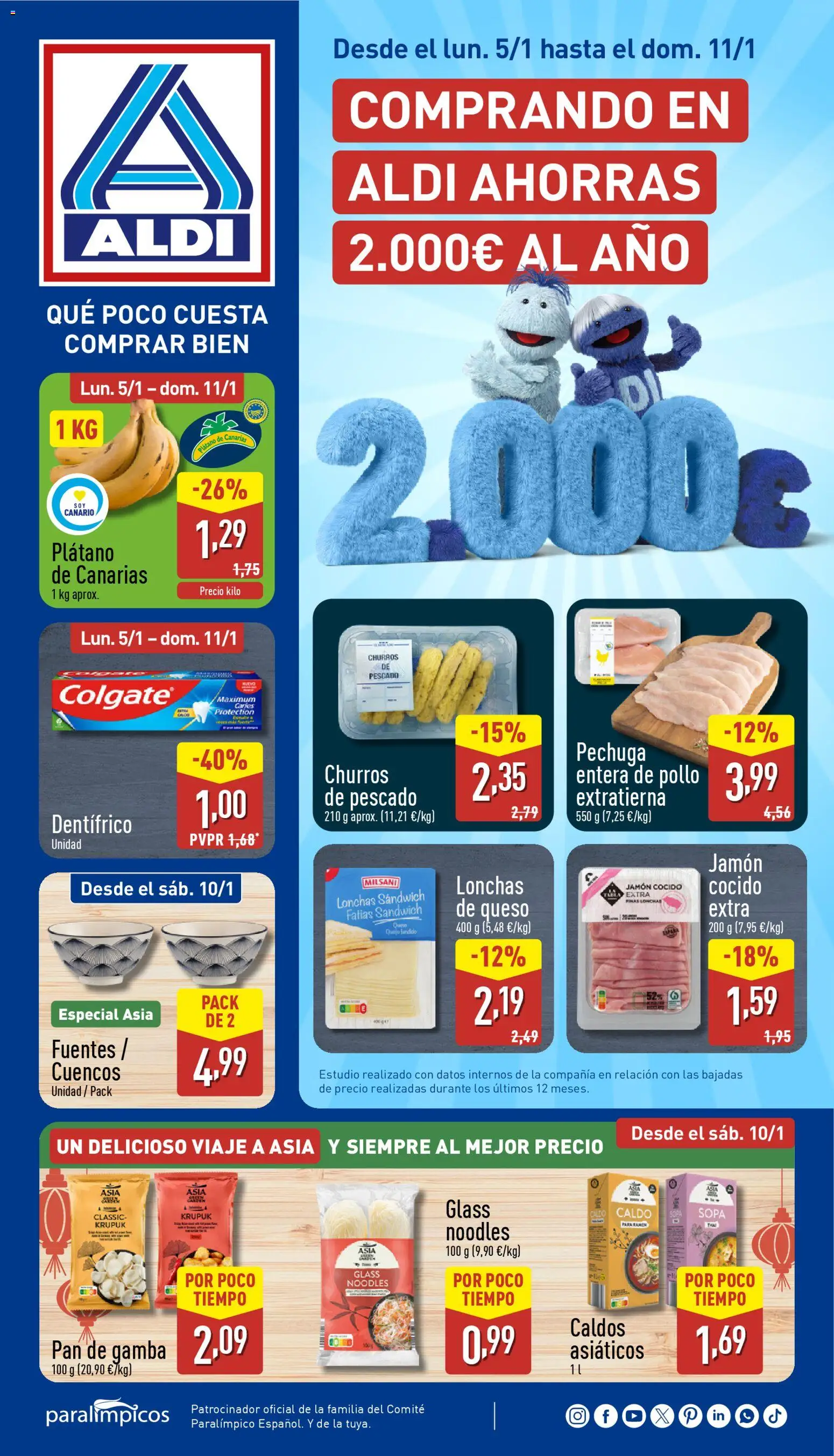 Aldi folleto Canarias │ válido desde el 05.01.2026 | Página: 1 | Productos: Queso, Pan, Jamón, Gamba
