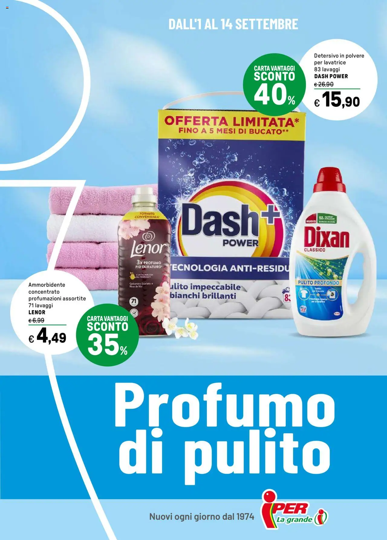Volantino Iper del 01.09.2025 | Pagina: 1 | Prodotti: Detersivo in polvere, Ammorbidente, Lavatrice, Profumo