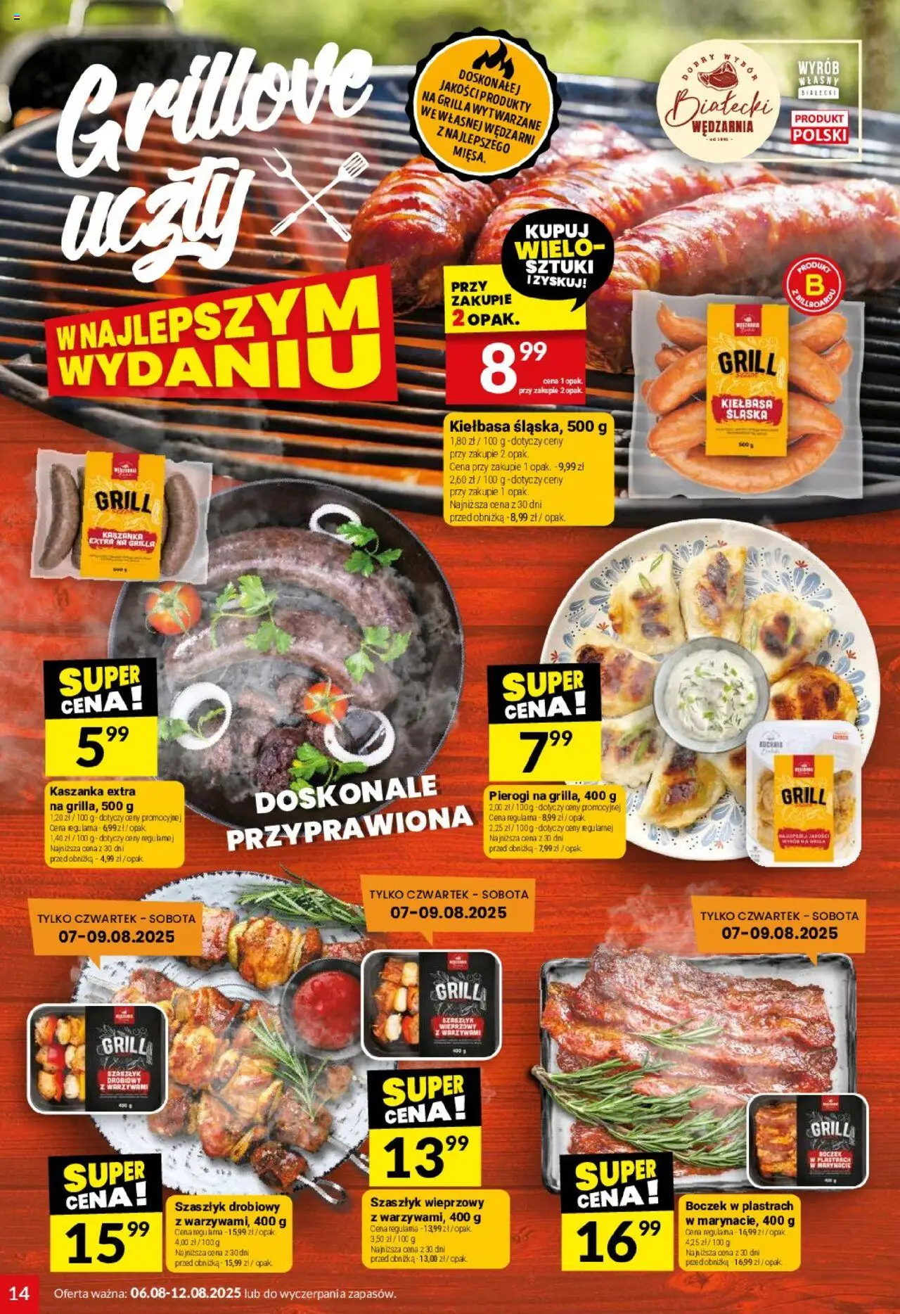 Twój Market Gazetka od 06.08.2025 | Strona: 14 | Produkty: Kiełbasa, Pierogi, Kaszanka, Boczek