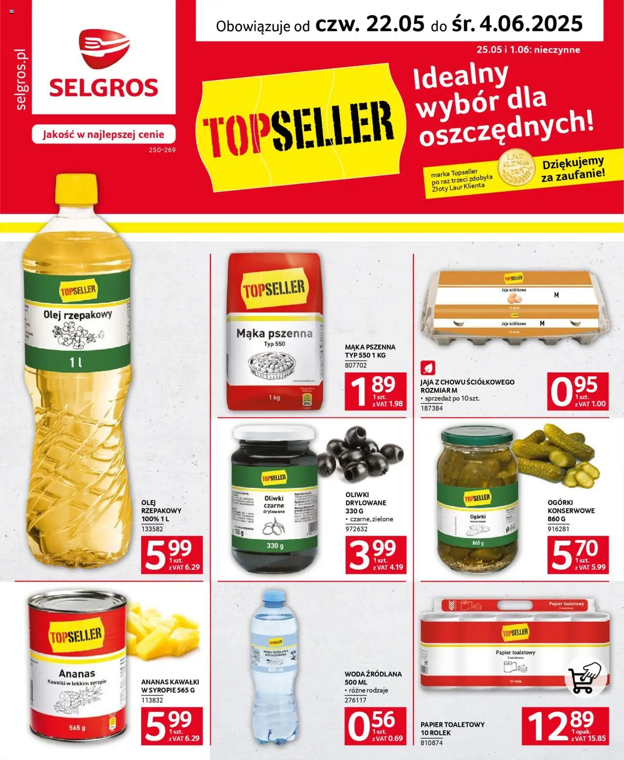 Selgros cash&carry Gazetka - Topseller od 22.05.2025 | Strona: 1 | Produkty: Woda źródlana, Woda, Jaja, Ogórki konserwowe