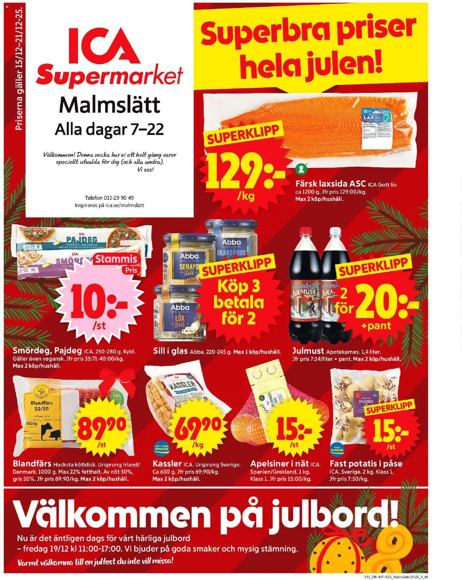 ICA Supermarket reklamblad aktuell från 15.12.2025 | Sida: 1 | Produkter: Kassler, Blandfärs, Lax, Potatis