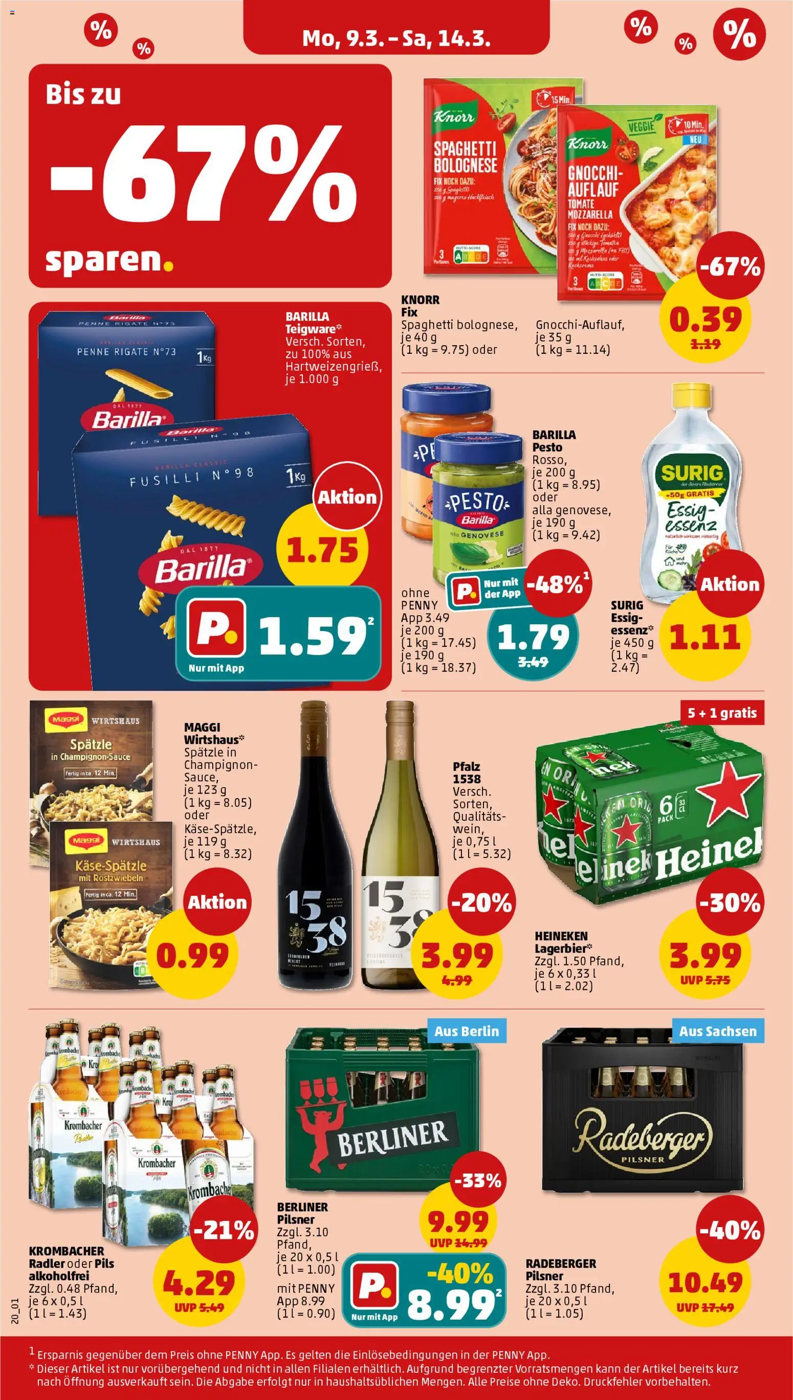 Penny Prospekt 	 – gültig ab 09.03.2026 | Seite: 22 | Produkte: Barilla, Essig, Radeberger pilsner, Hackfleisch