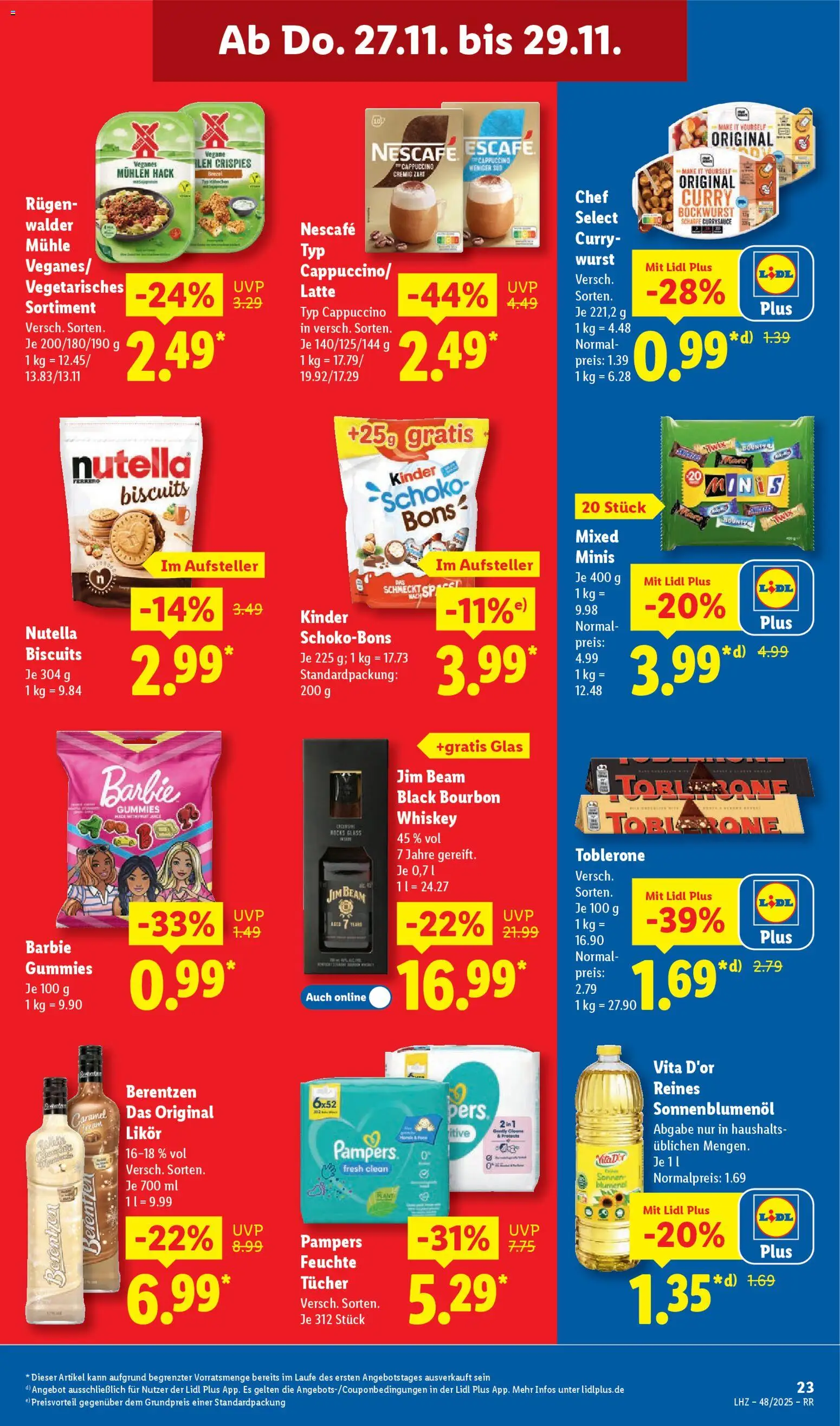 Lidl Prospekt Düsseldorf – gültig ab 24.11.2025 | Seite: 29 | Produkte: Sonnenblumenol, Snickers, Whiskey, Berentzen
