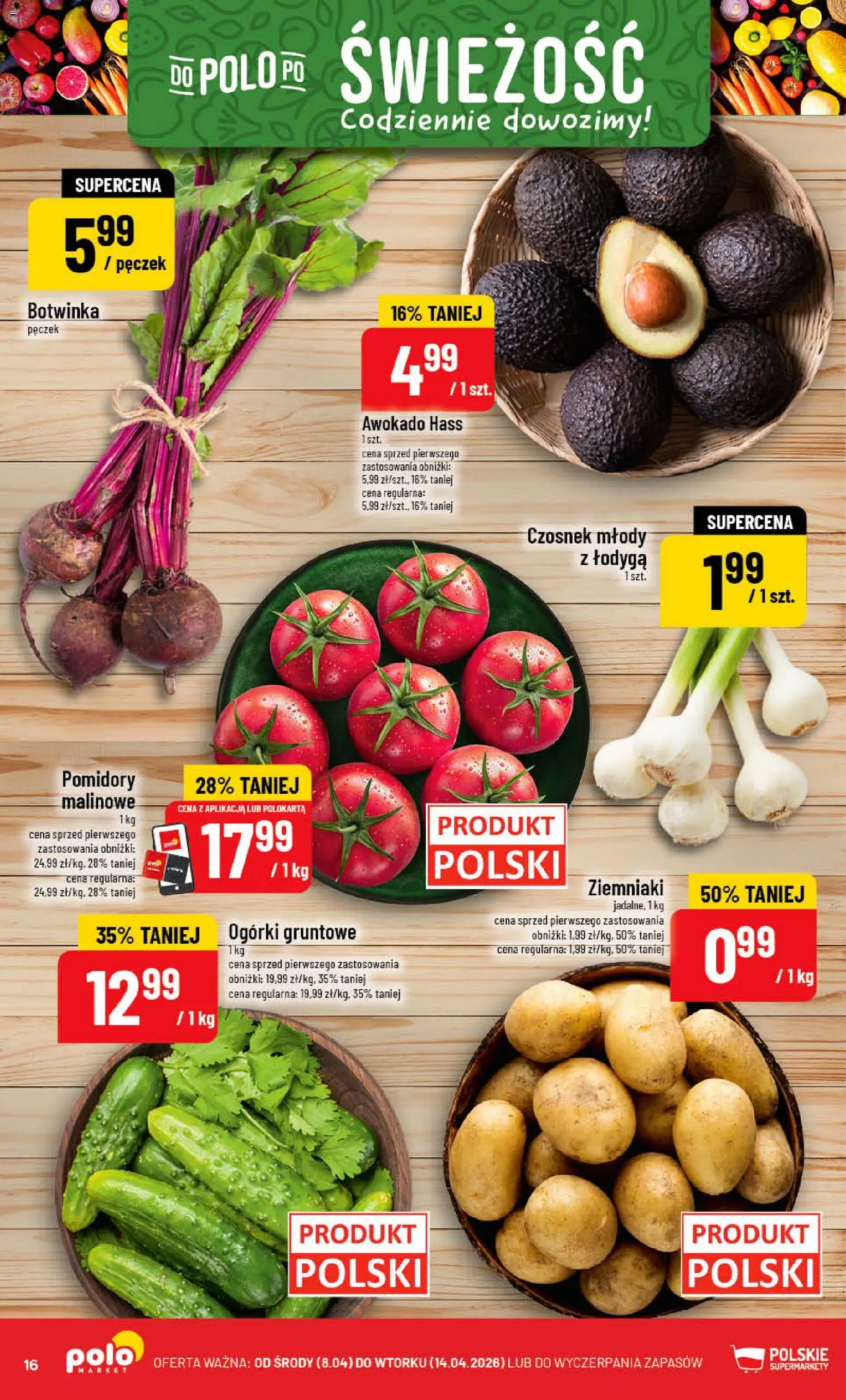 POLOmarket gazetka od 08.04.2026 | Strona: 16 | Produkty: Czosnek, Pomidory malinowe, Pomidory, Ogórki