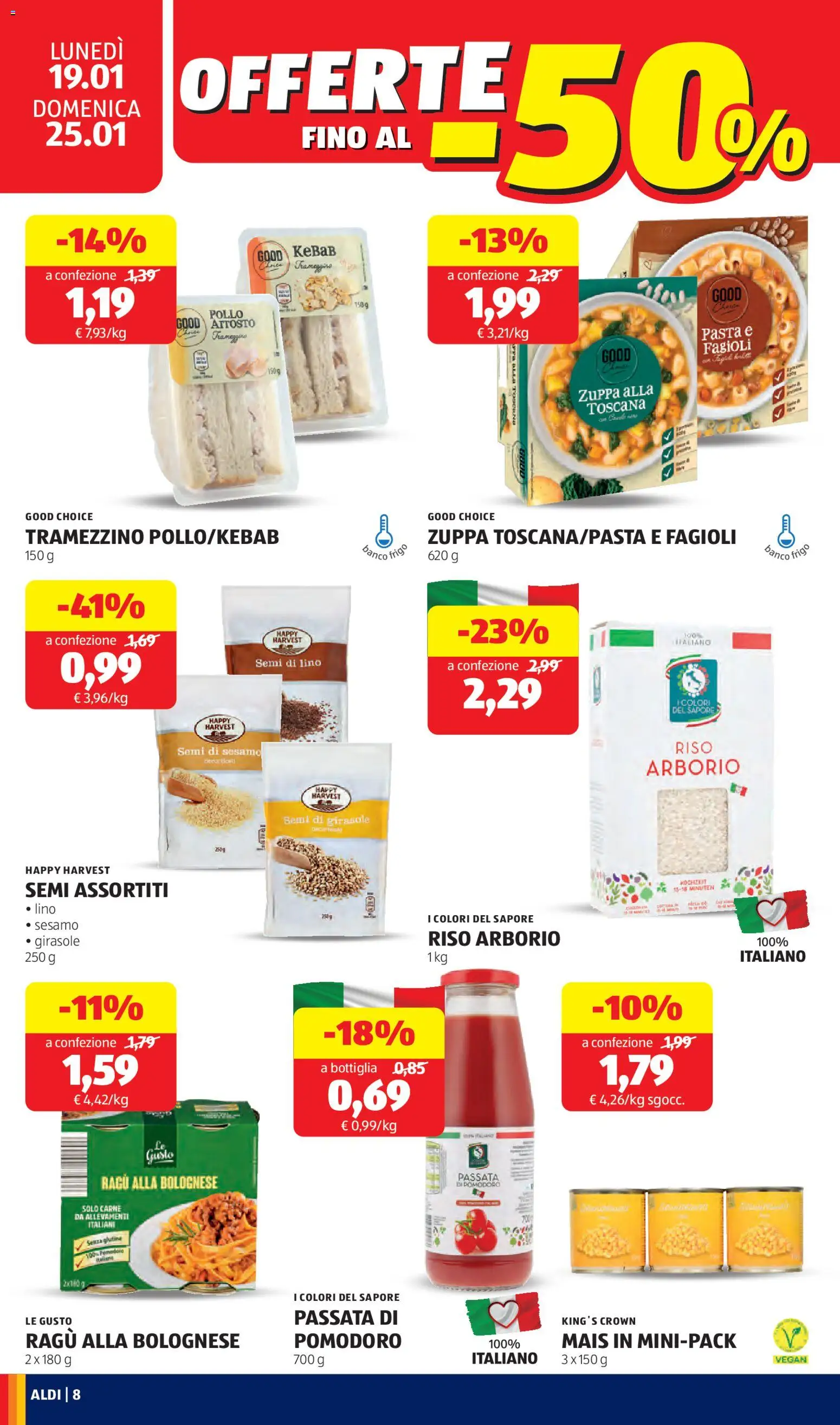 Volantino Aldi del 19.01.2026 | Pagina: 8 | Prodotti: Riso, Fagioli, Pomodoro, Bottiglia