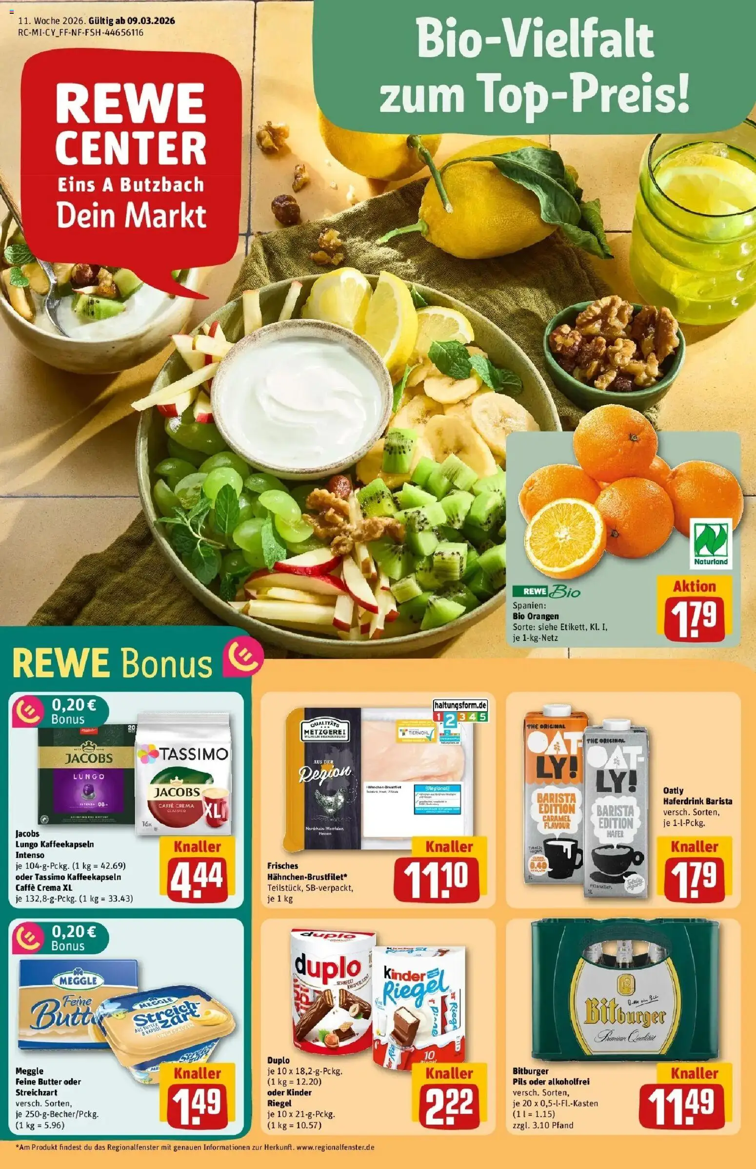 Rewe Prospekt Butzbach	 – gültig ab 09.03.2026 | Seite: 1 | Produkte: Bitburger, Pils, Oatly, Tassimo