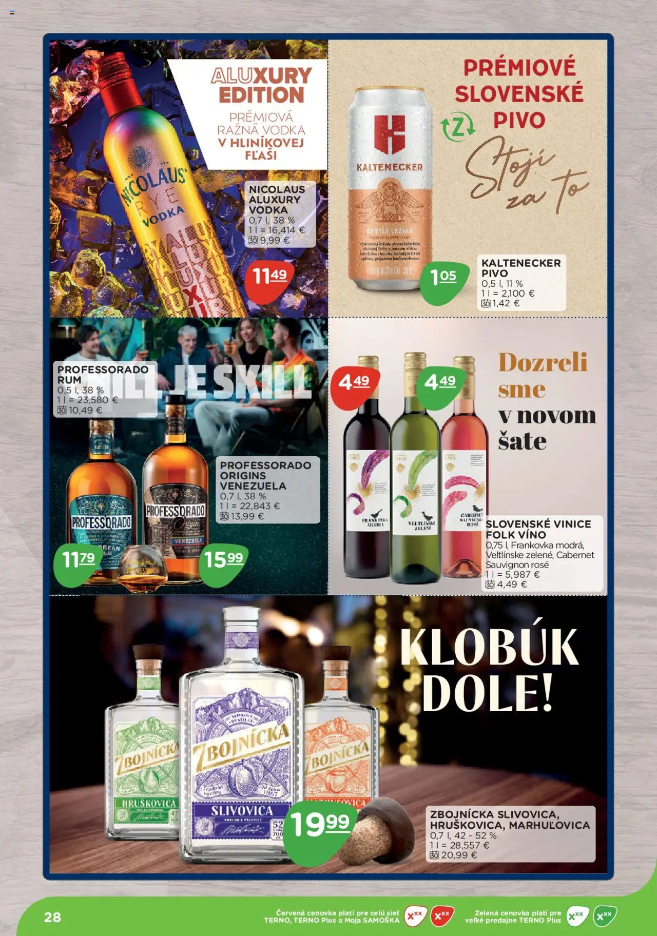 Nové Terno akcie – leták je platný od 08.09.2025 | Strana: 28 | Produkty: Pivo, Víno, Slivovica, Klobúk
