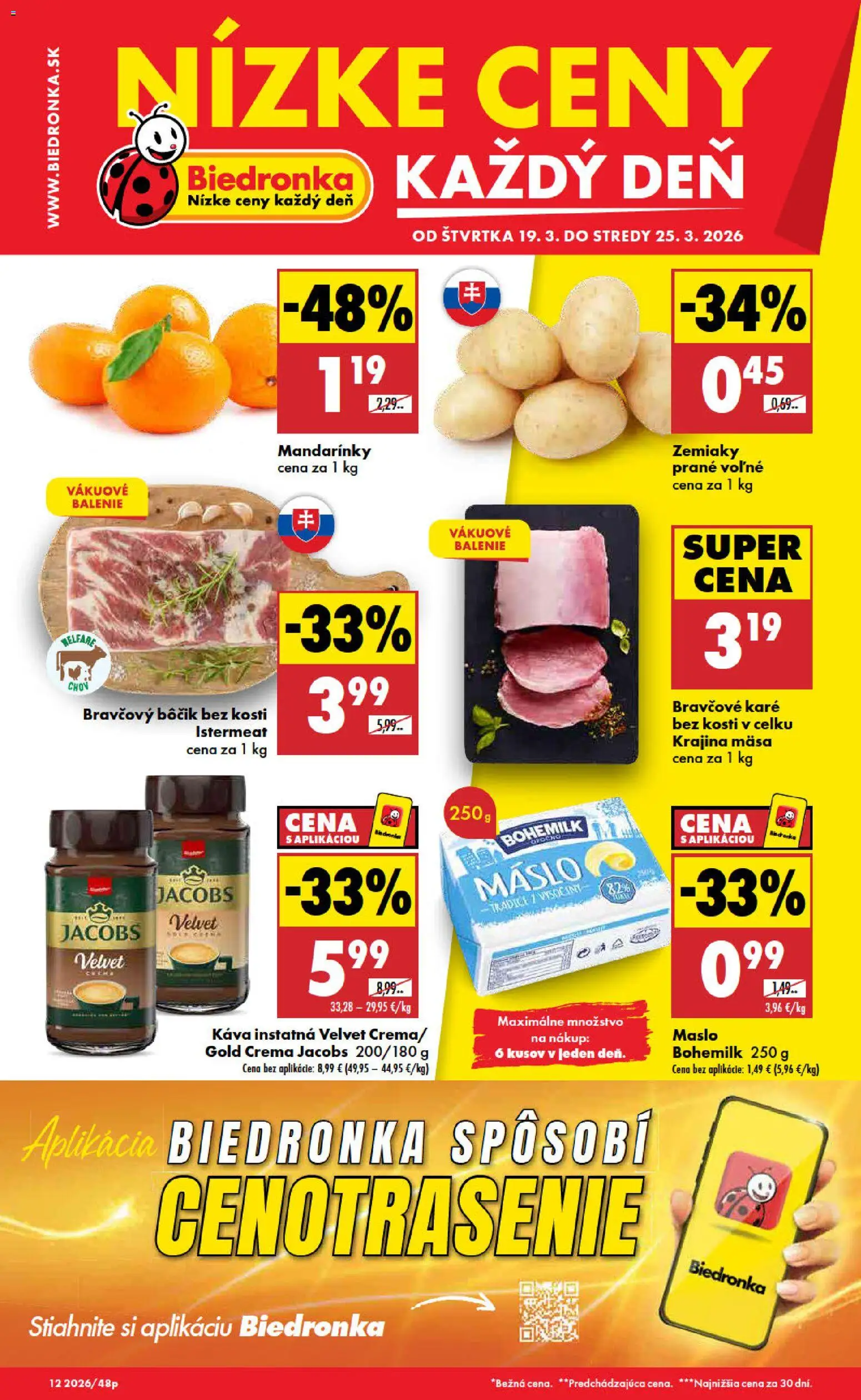 Nové Biedronka akcie – leták je platný od 19.03.2026 | Strana: 1 | Produkty: Bravčový bôčik, Mandarinky, Zemiaky, Bravčové karé