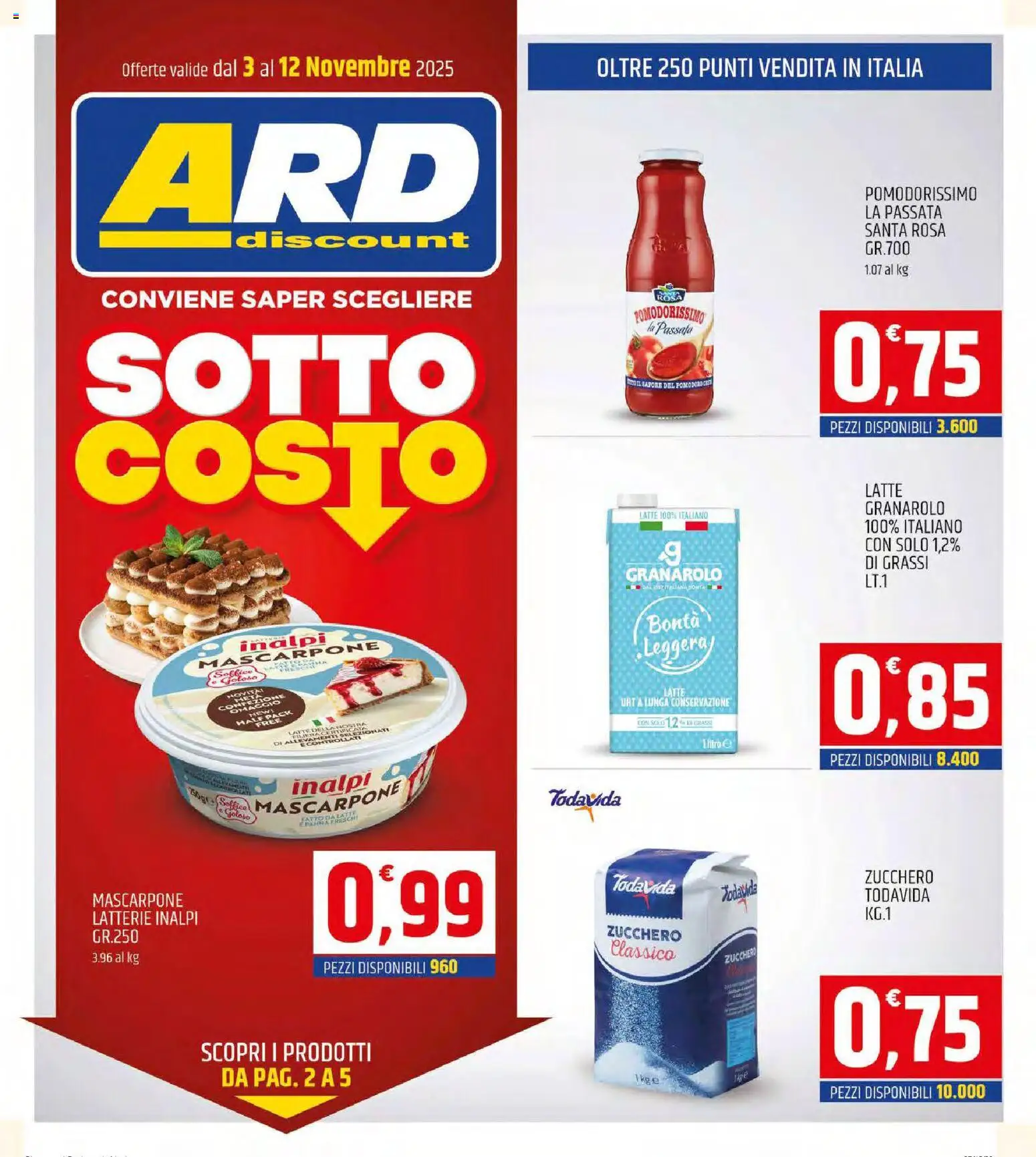 Volantino ARD Discount del 03.11.2025 | Pagina: 1 | Prodotti: Zucchero, Latte, Mascarpone