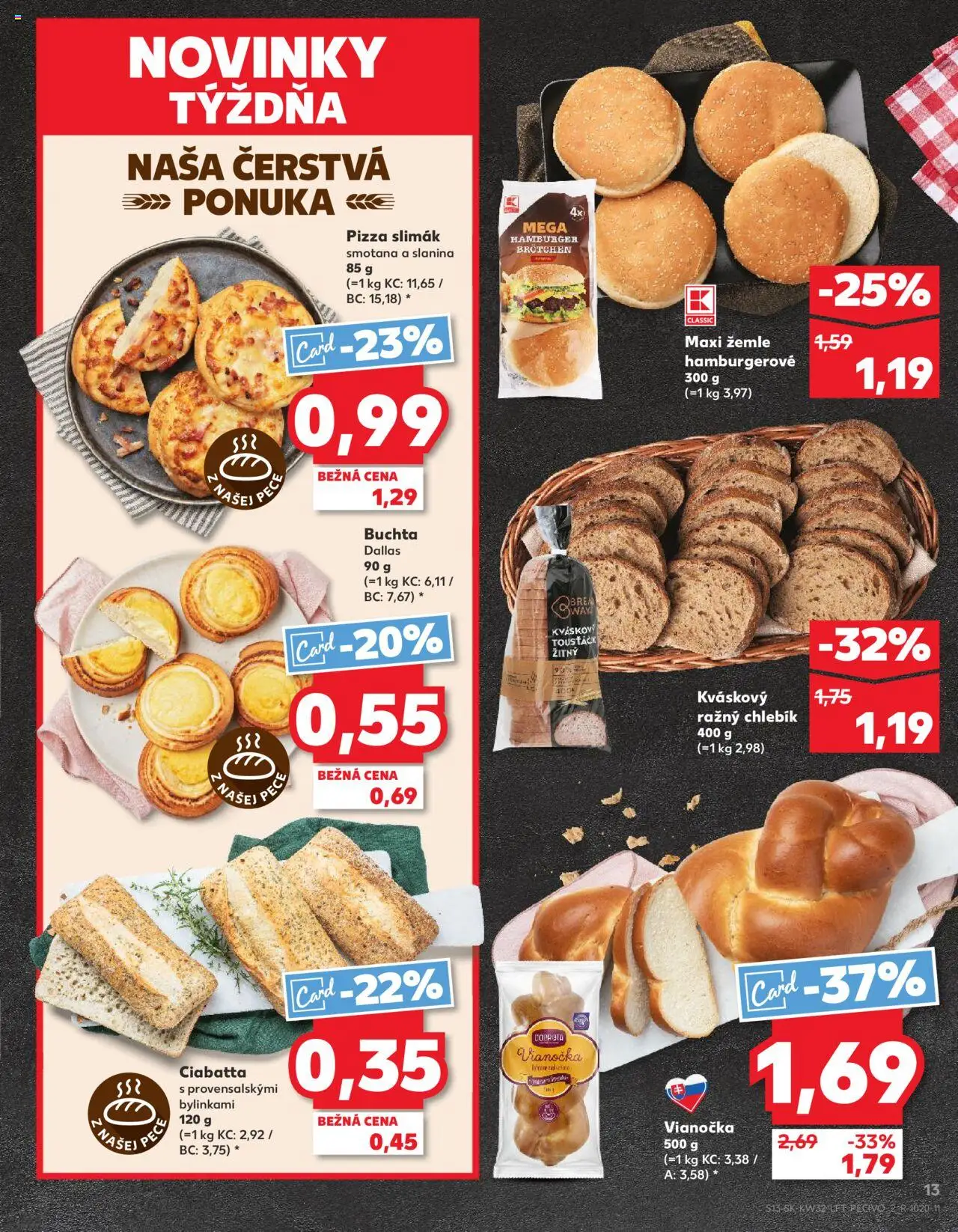 Kaufland SK akciós ujság - amely érvényes a következő dátumtól: 07.08.2025 | Oldal: 13 | Termékek: Hamburger, Ciabatta, Pizza