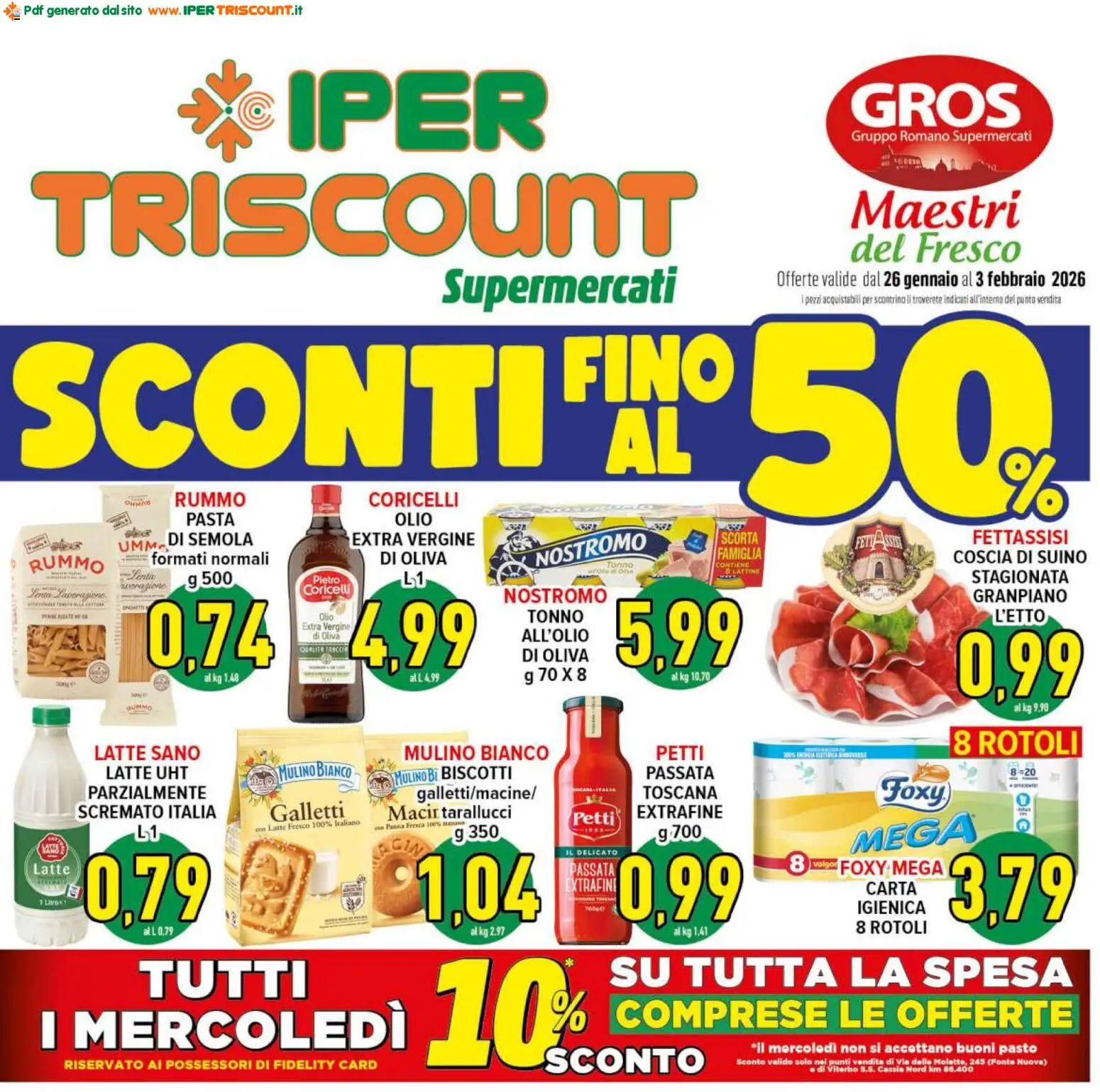 Volantino Ipertriscount del 26.01.2026 | Pagina: 1 | Prodotti: Carta igienica, Biscotti, Latte, Pasta