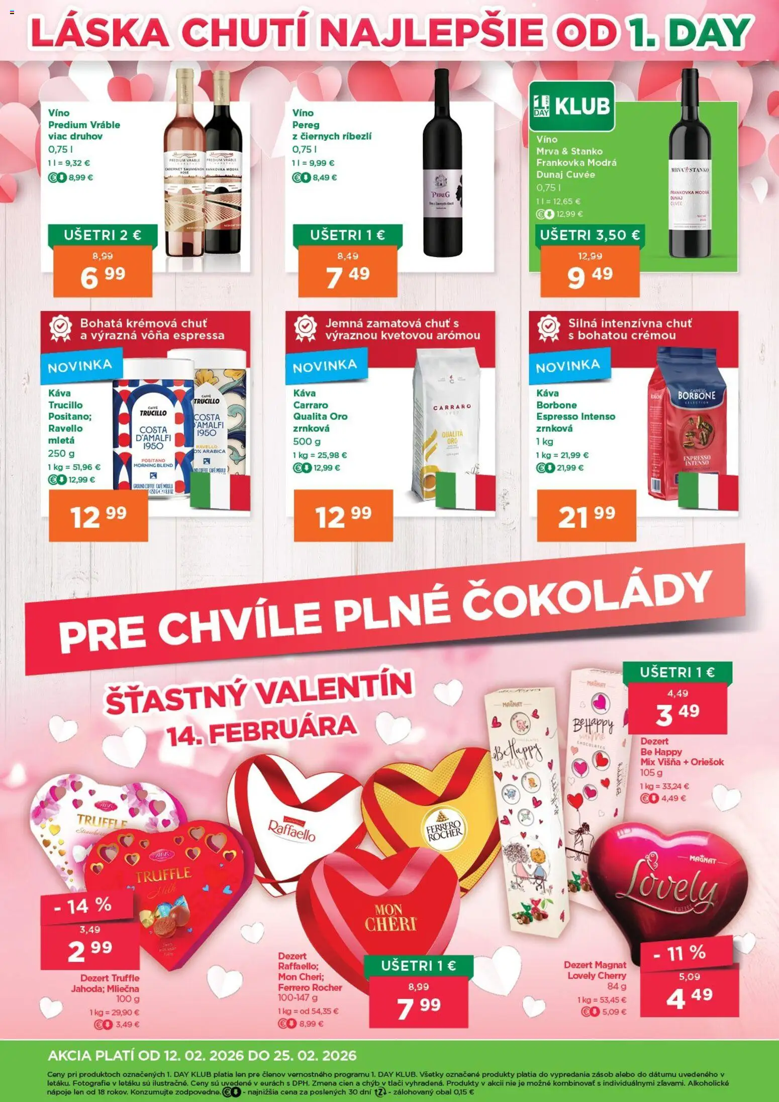 Nové 1day akcie – leták je platný od 12.02.2026 | Strana: 4 | Produkty: Káva, Víno, Ferrero Rocher