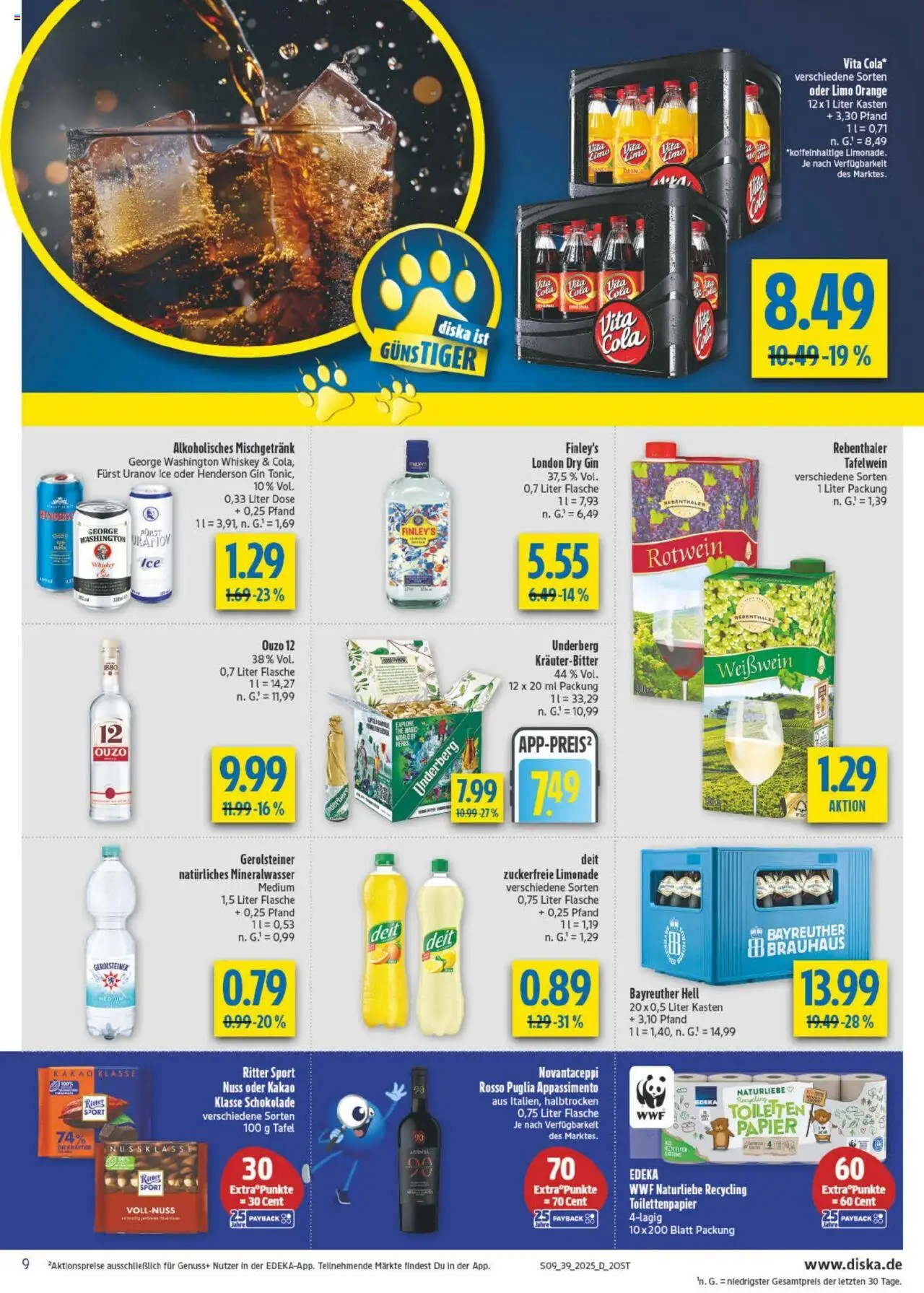 Diska - diska Angebote Sachsen-Thüringen KW39 – gültig ab 22.09.2025 | Seite: 9 | Produkte: Bayreuther hell, Rotwein, Mineralwasser, Toilettenpapier