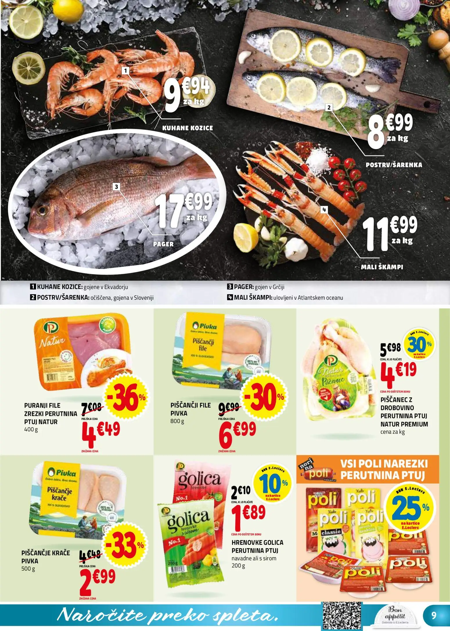 Novi E.leclerc katalog ponudbe – veljaven od 26.11.2025 | Stran: 9 | Izdelki: Hrenovke, Kozice, Zrezki