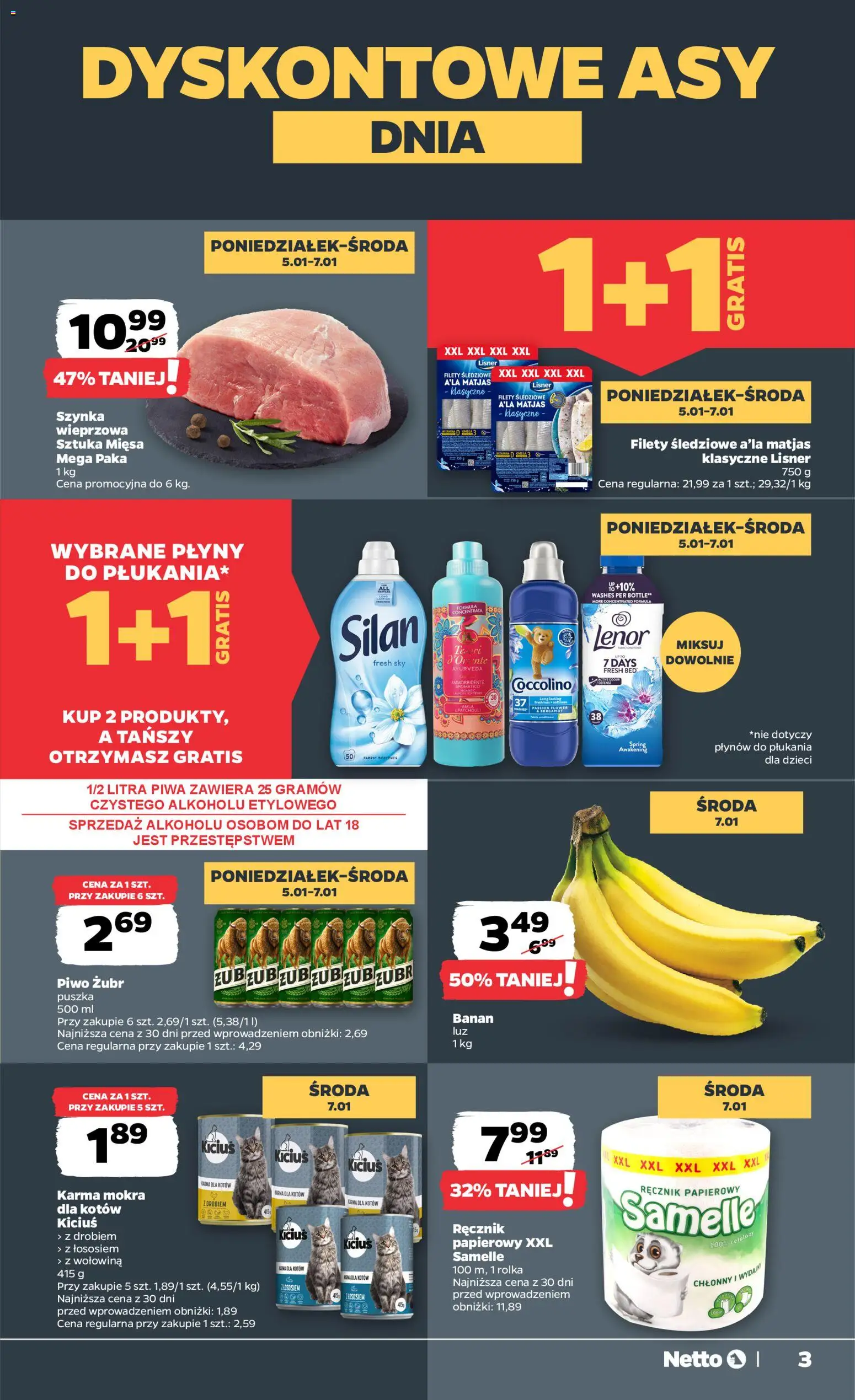 Netto gazetka - Spożywcza od 05.01.2026 | Strona: 3 | Produkty: Piwo żubr, Coccolino, Filety śledziowe a'la matjas, Piwo