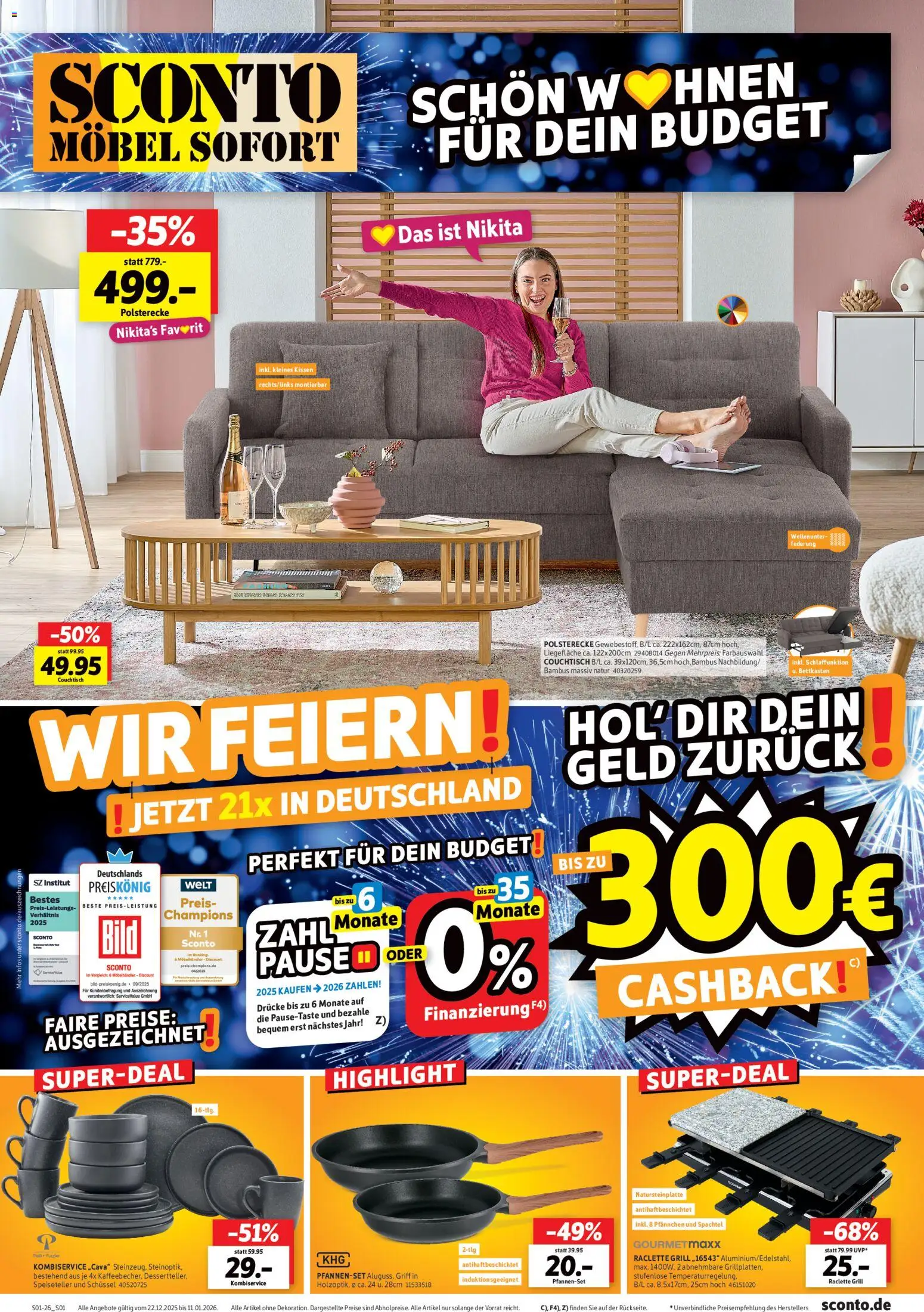 Sconto Prospekt 	 – gültig ab 22.12.2025 | Seite: 1 | Produkte: Grill, Kissen, Couch, Raclette