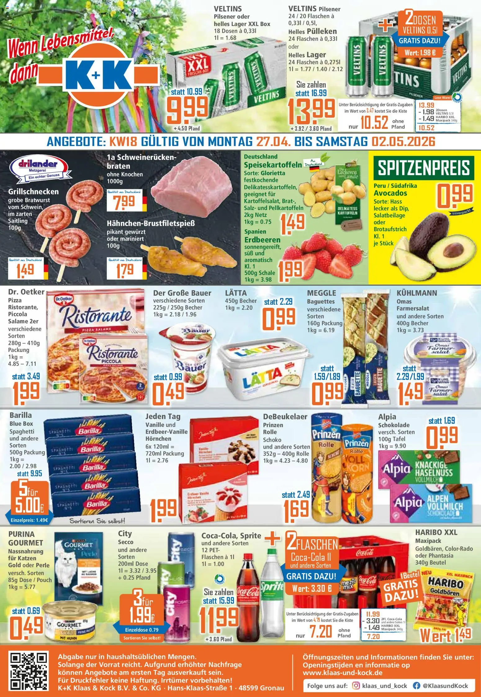 Klaas & Kock Prospekt 	 – gültig ab 27.04.2026 | Seite: 1 | Produkte: Helles pulleken, Barilla, Schweinerucken, Veltins