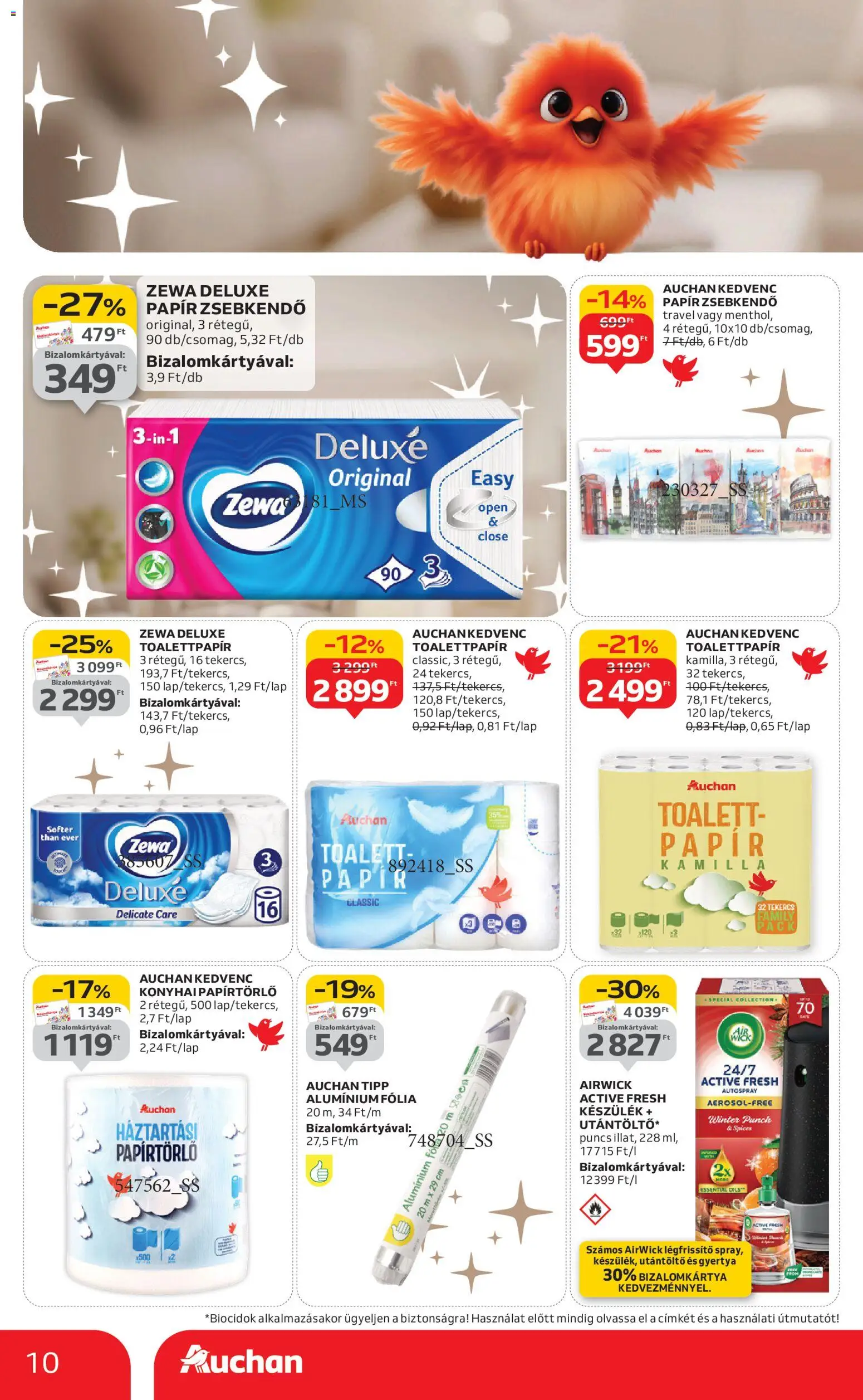 Auchan akciós ujság - amely érvényes a következő dátumtól: 27.12.2025 | Oldal: 10 | Termékek: Papírtörlő, Légfrissítő, Gyertya