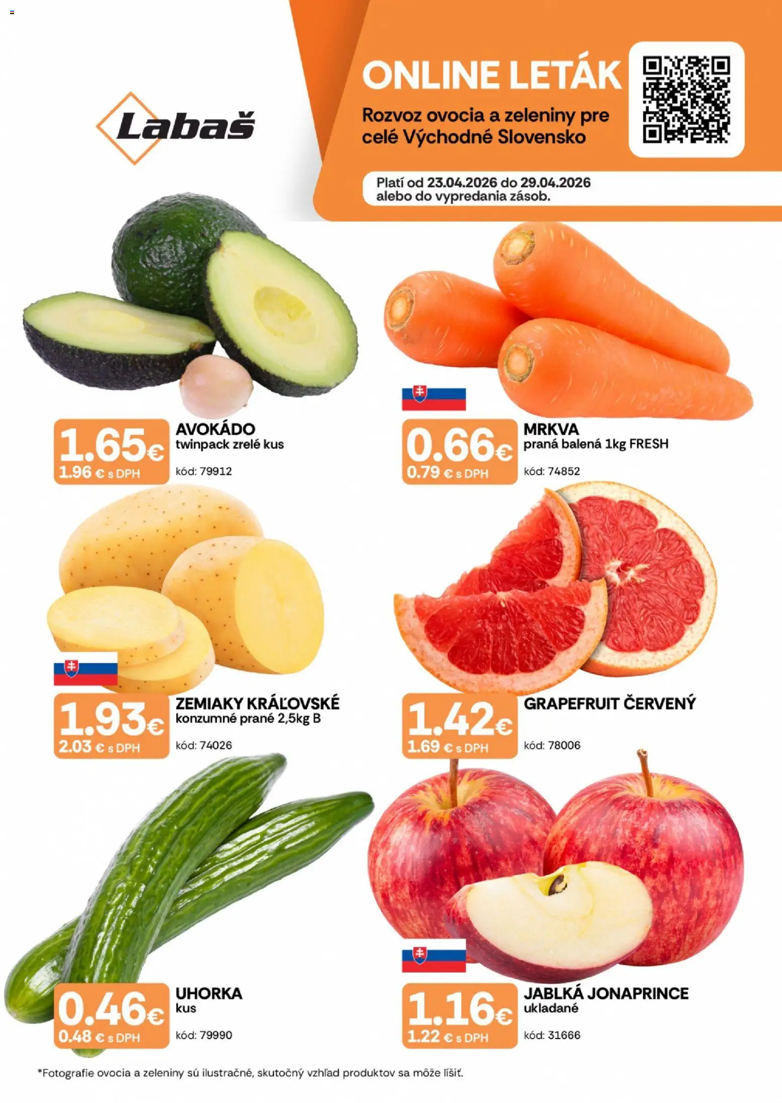 Nové Labaš akcie – leták je platný od 23.04.2026 | Strana: 1 | Produkty: Jablká, Mrkva, Avokádo, Grapefruit
