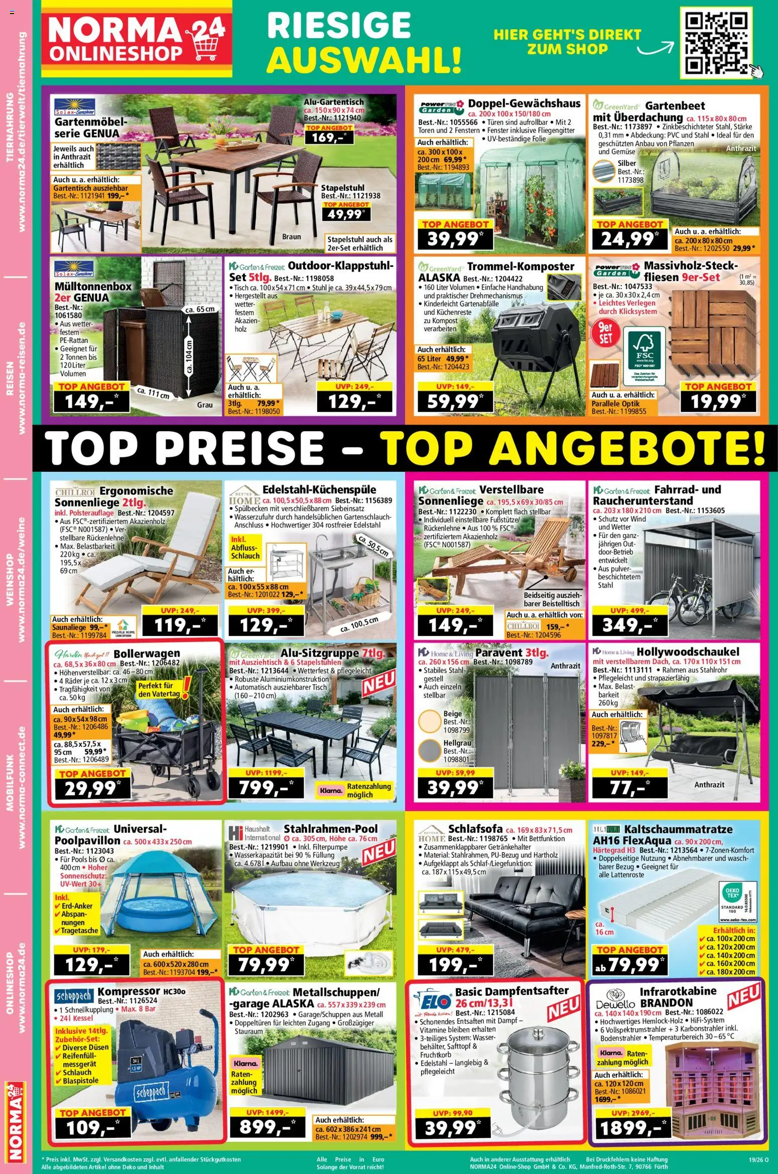 Norma Onlineshop – gültig ab 04.05.2026 | Seite: 2 | Produkte: Top, Schlafsofa, Tisch, Gartenmöbel
