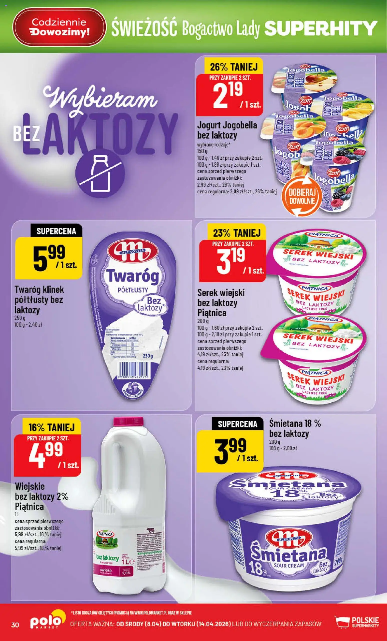 POLOmarket gazetka od 08.04.2026 | Strona: 30 | Produkty: Serek, Serek wiejski, Jogurt, Śmietana