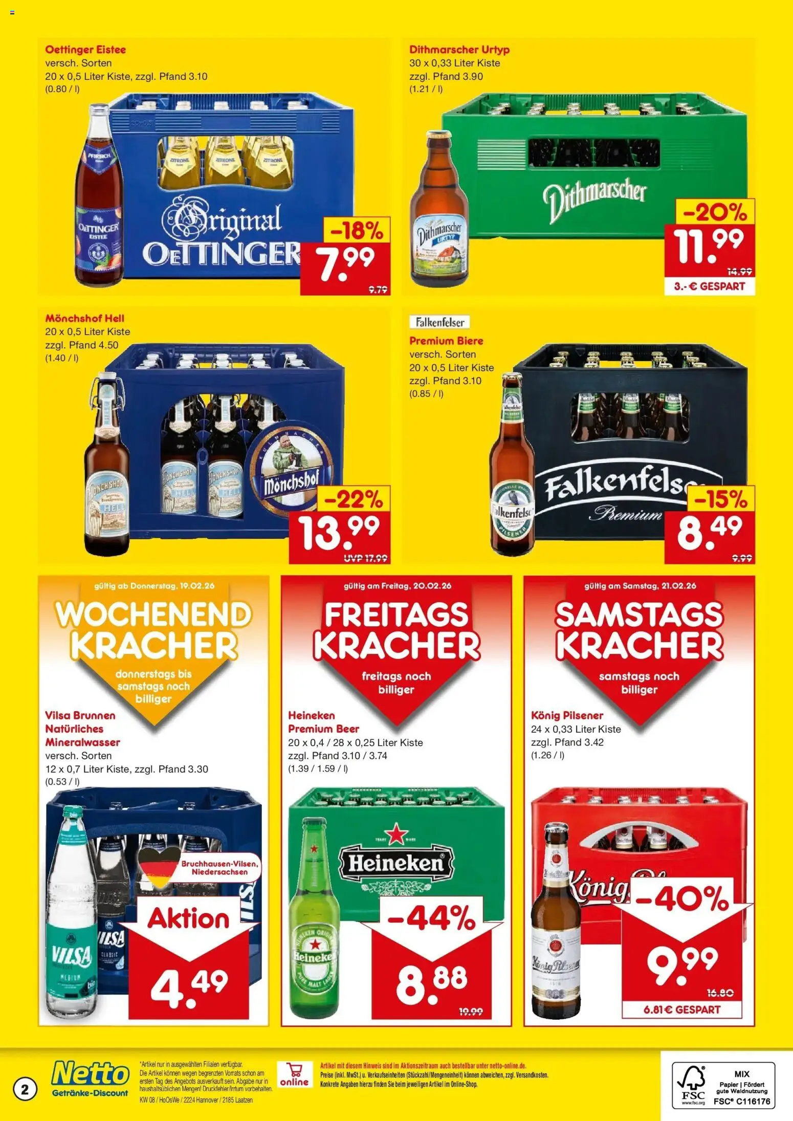 Netto Marken-Discount prospekt Witzenhausen	 – gültig ab 16.02.2026 | Seite: 2 | Produkte: Monchshof, Konig pilsener, Mineralwasser, Heineken