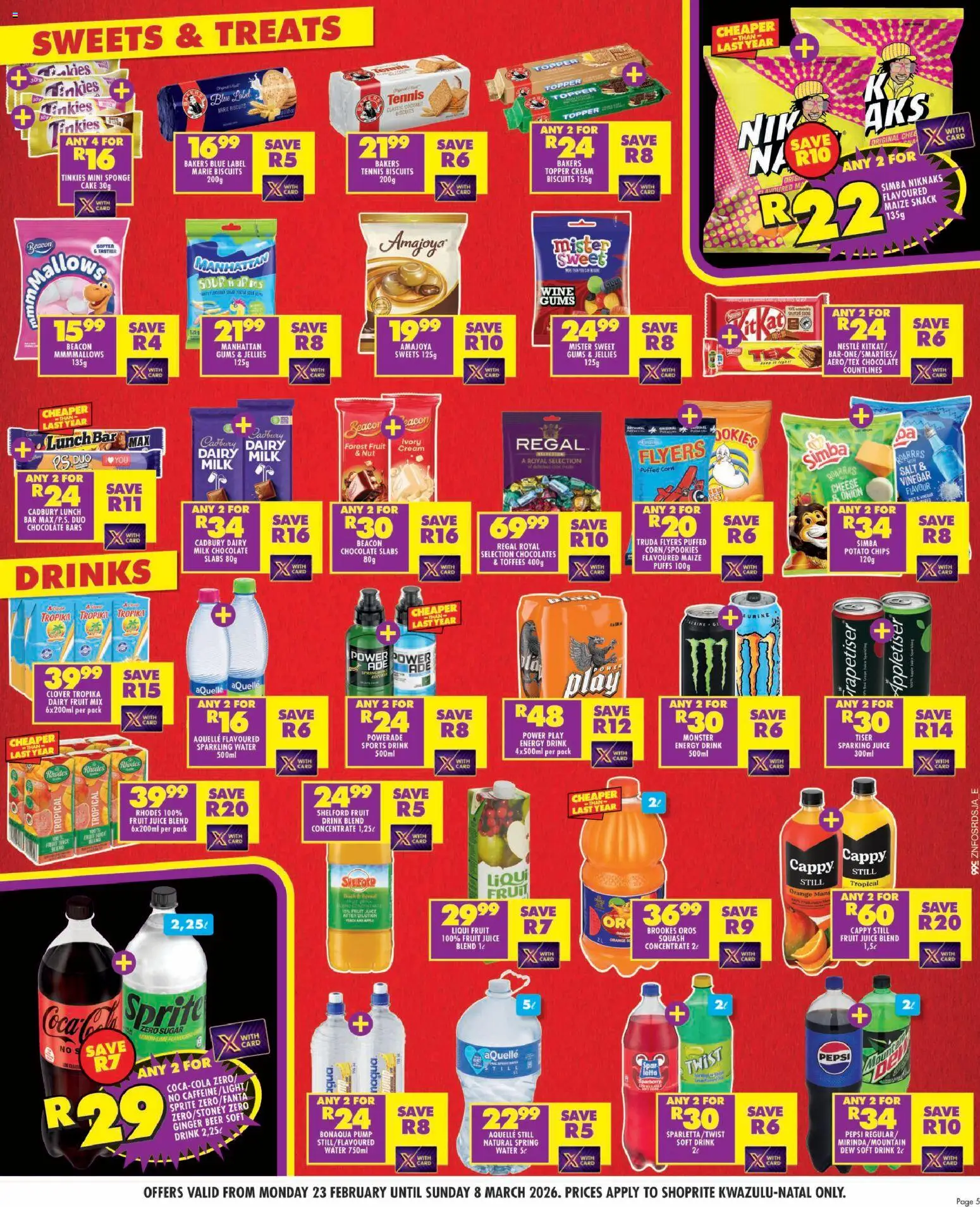 New Shoprite catalogue – valid from 23.02.2026 | Page: 5 | Products: Sprite, Chips, Cream, Fruit