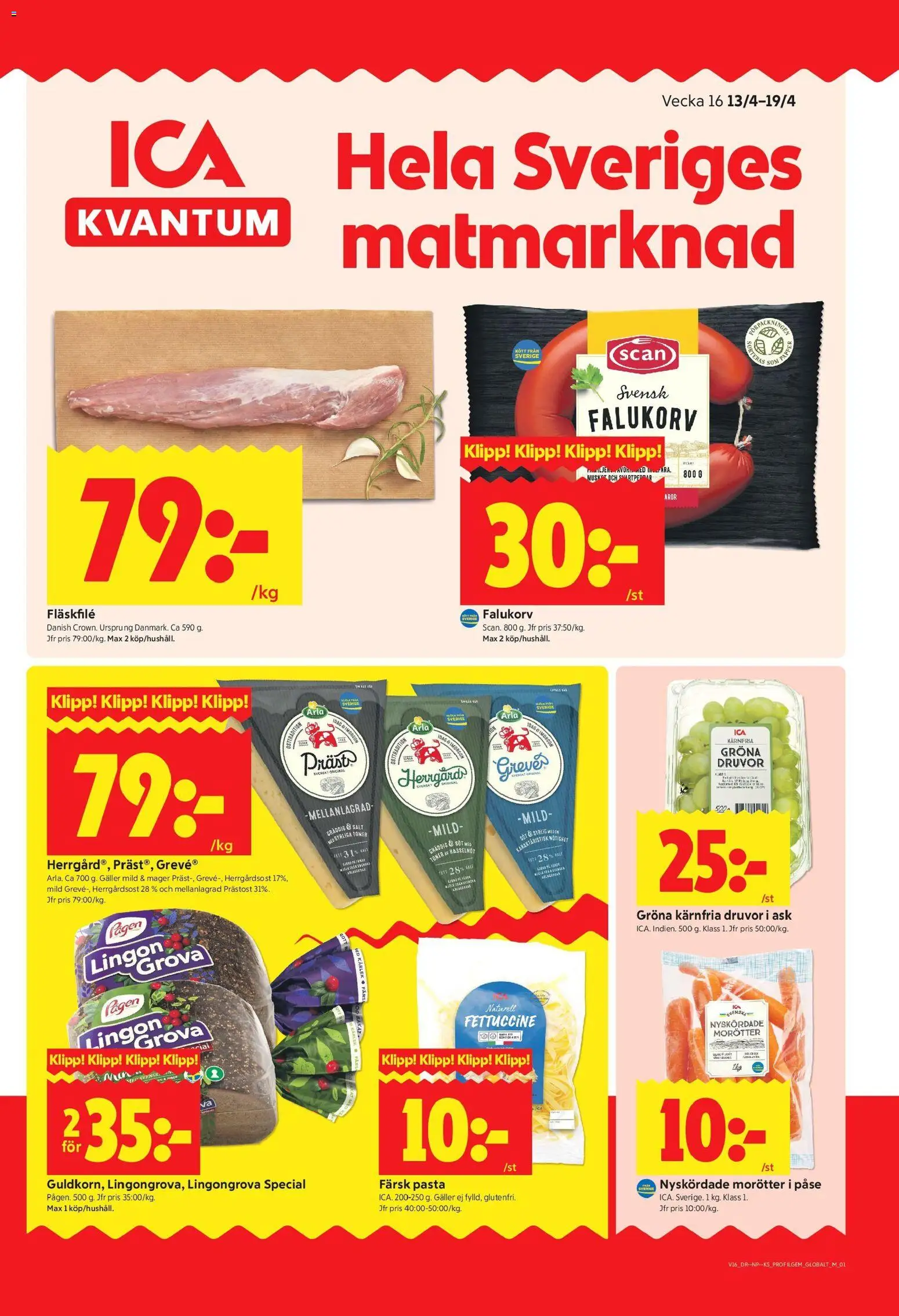 ICA Kvantum reklamblad aktuell från 13.04.2026 | Sida: 1 | Produkter: Salt, Galler, Falukorv, Pasta