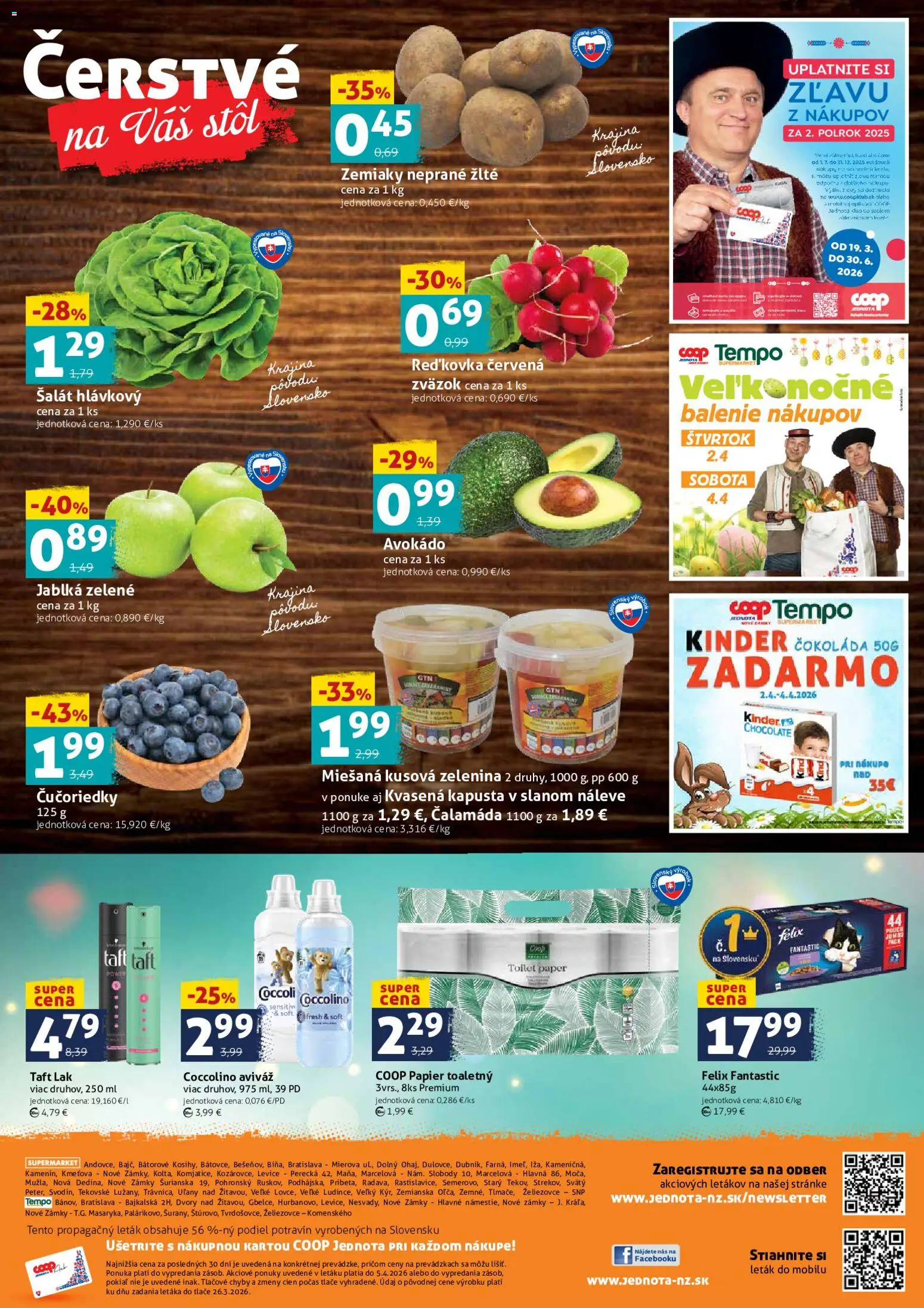 Nové COOP Jednota akcie – leták je platný od 02.04.2026 | Strana: 4 | Produkty: Stôl, Kapusta, Kinder, Zemiaky