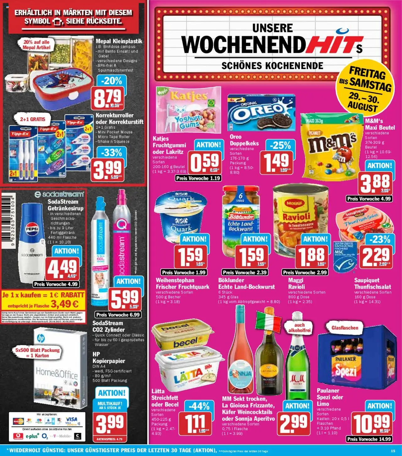 HIT Prospekt 	 - gültig ab dem 25.08.2025 | Seite: 15 | Produkte: Bockwurst, Quark, Sekt, Wasser